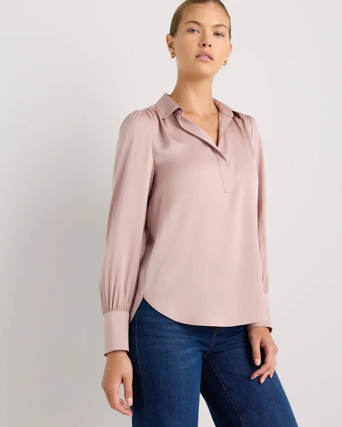 Washable Stretch Silk Split Neck Blouse