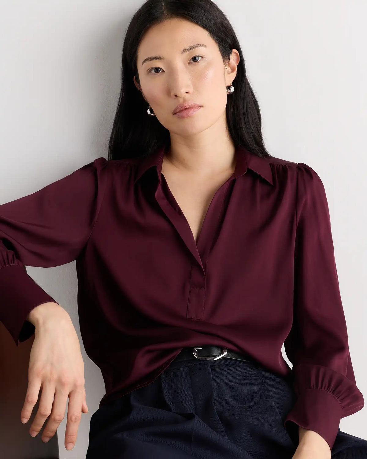 Washable Stretch Silk Split Neck Blouse