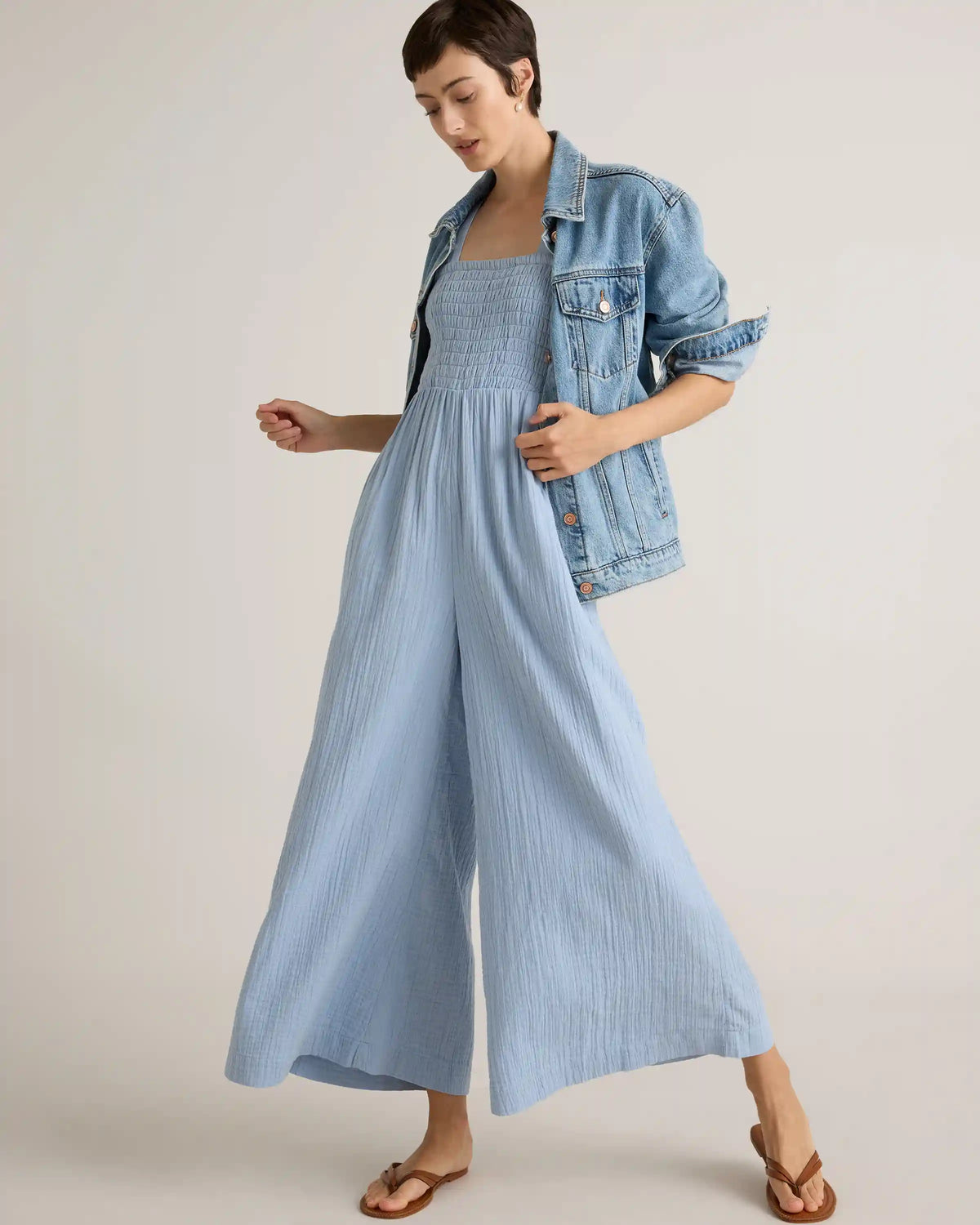 100% Organic Cotton Gauze Smocked Wide Leg Jumpsuit