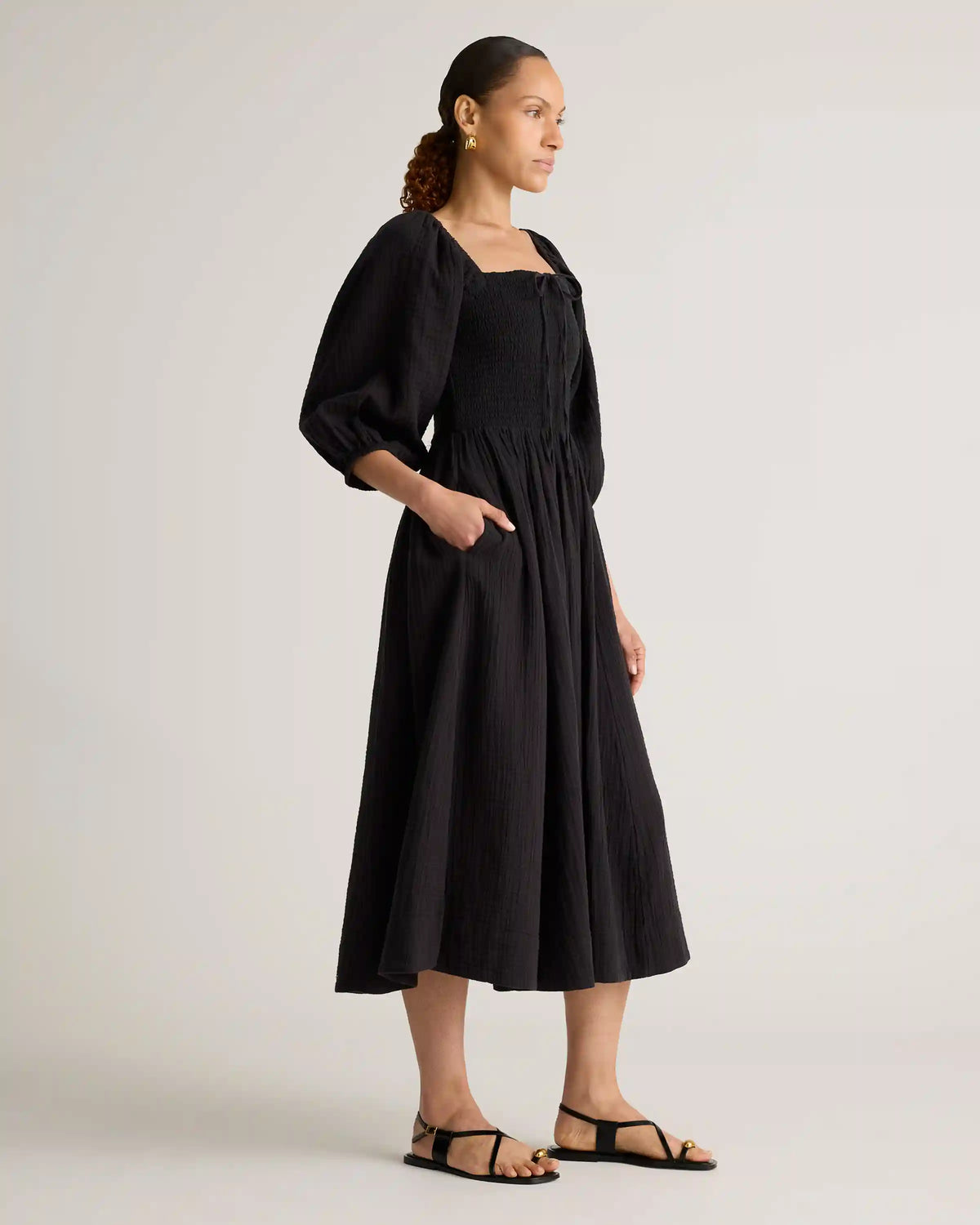 100% Organic Cotton Gauze Smocked Square Neck Midi Dress