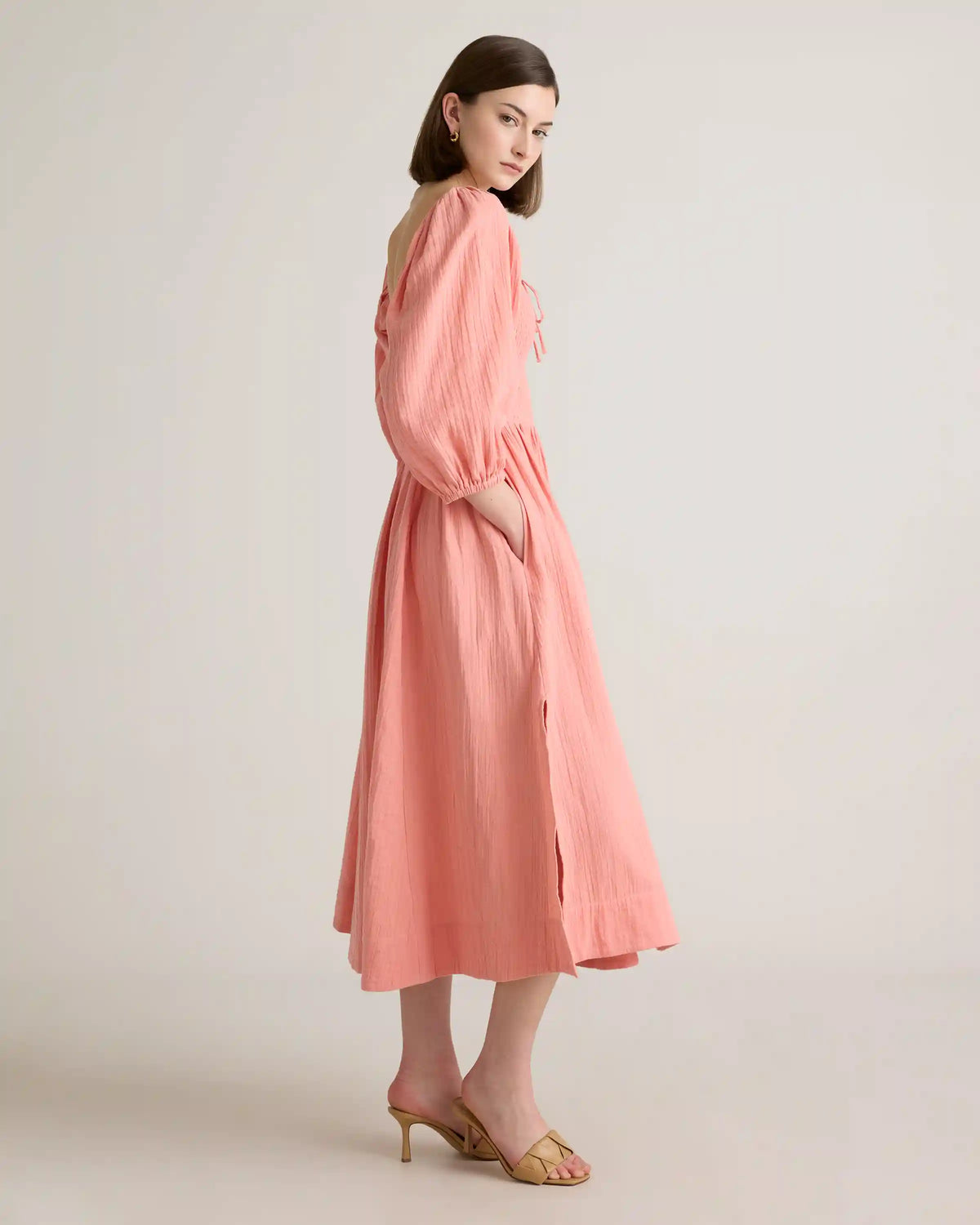 100% Organic Cotton Gauze Smocked Square Neck Midi Dress