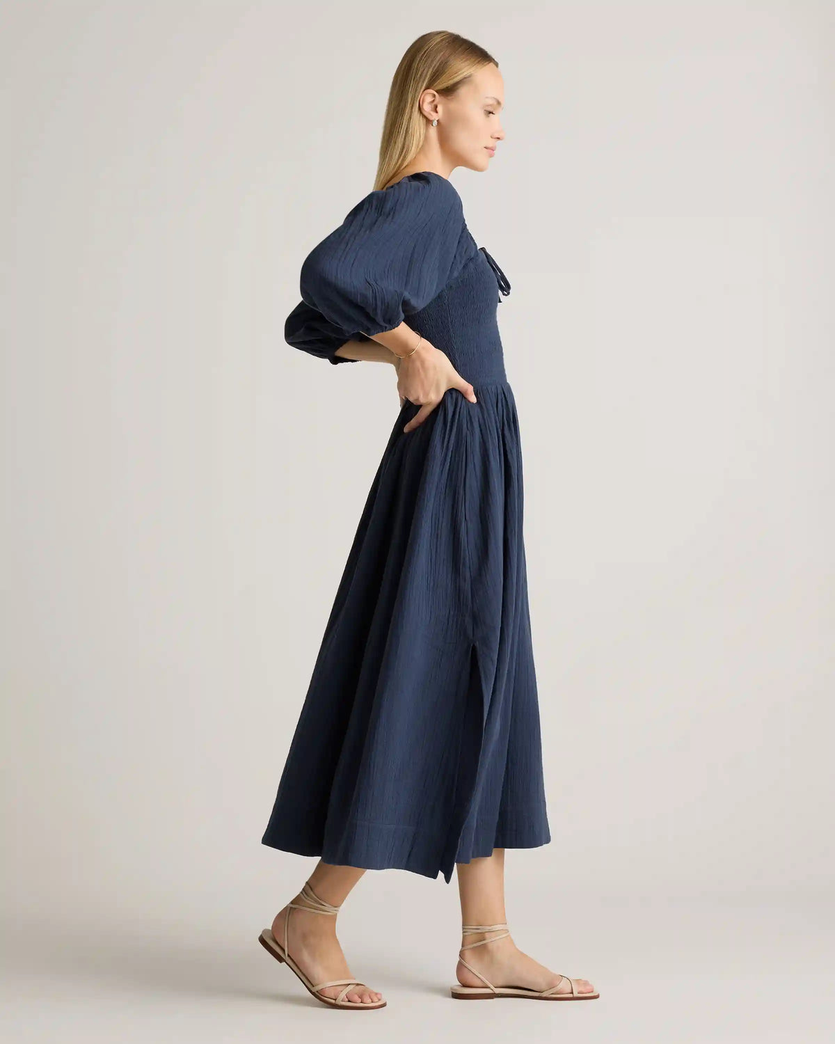 100% Organic Cotton Gauze Smocked Square Neck Midi Dress