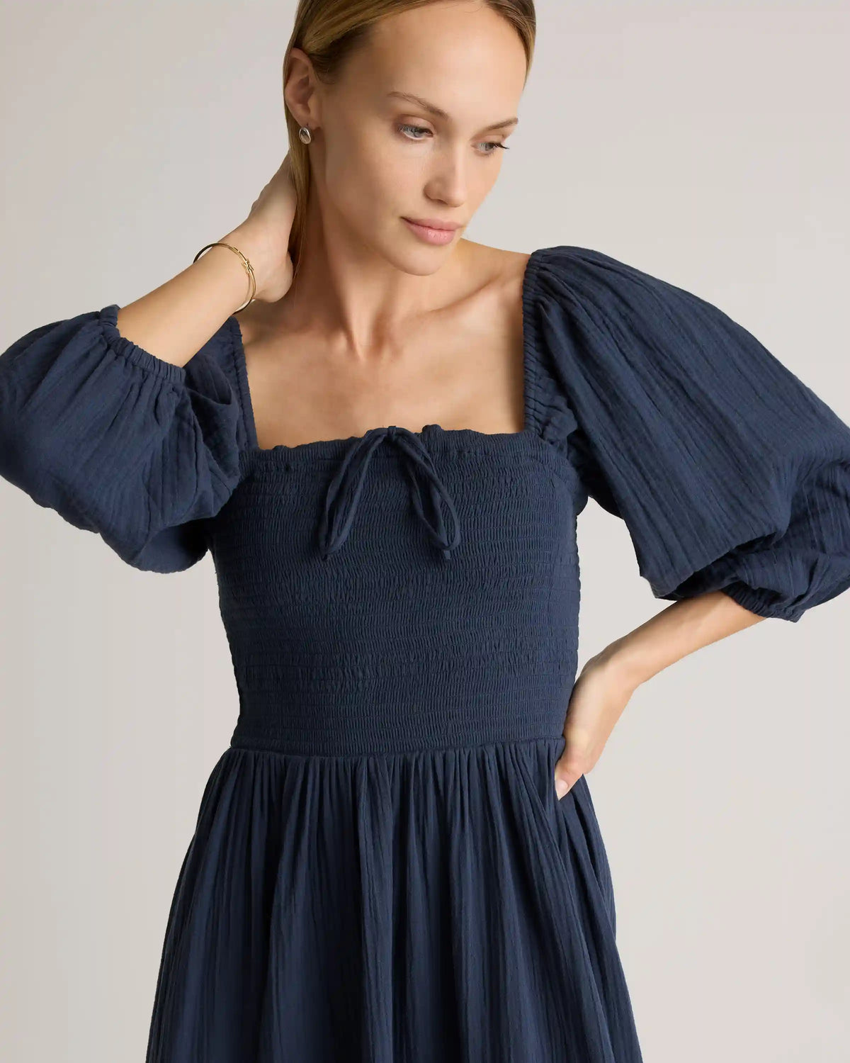 100% Organic Cotton Gauze Smocked Square Neck Midi Dress
