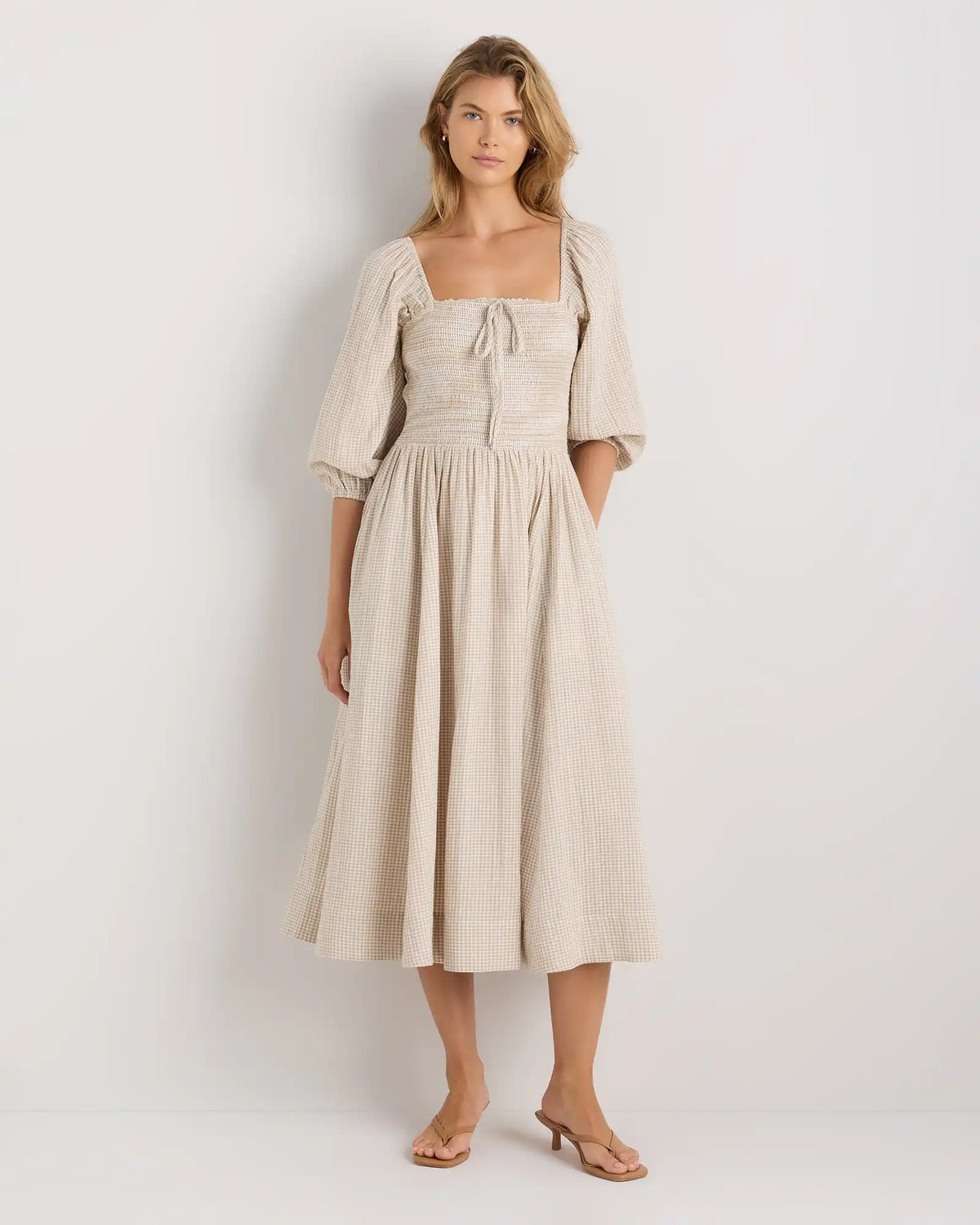 100% Organic Cotton Gauze Smocked Square Neck Midi Dress