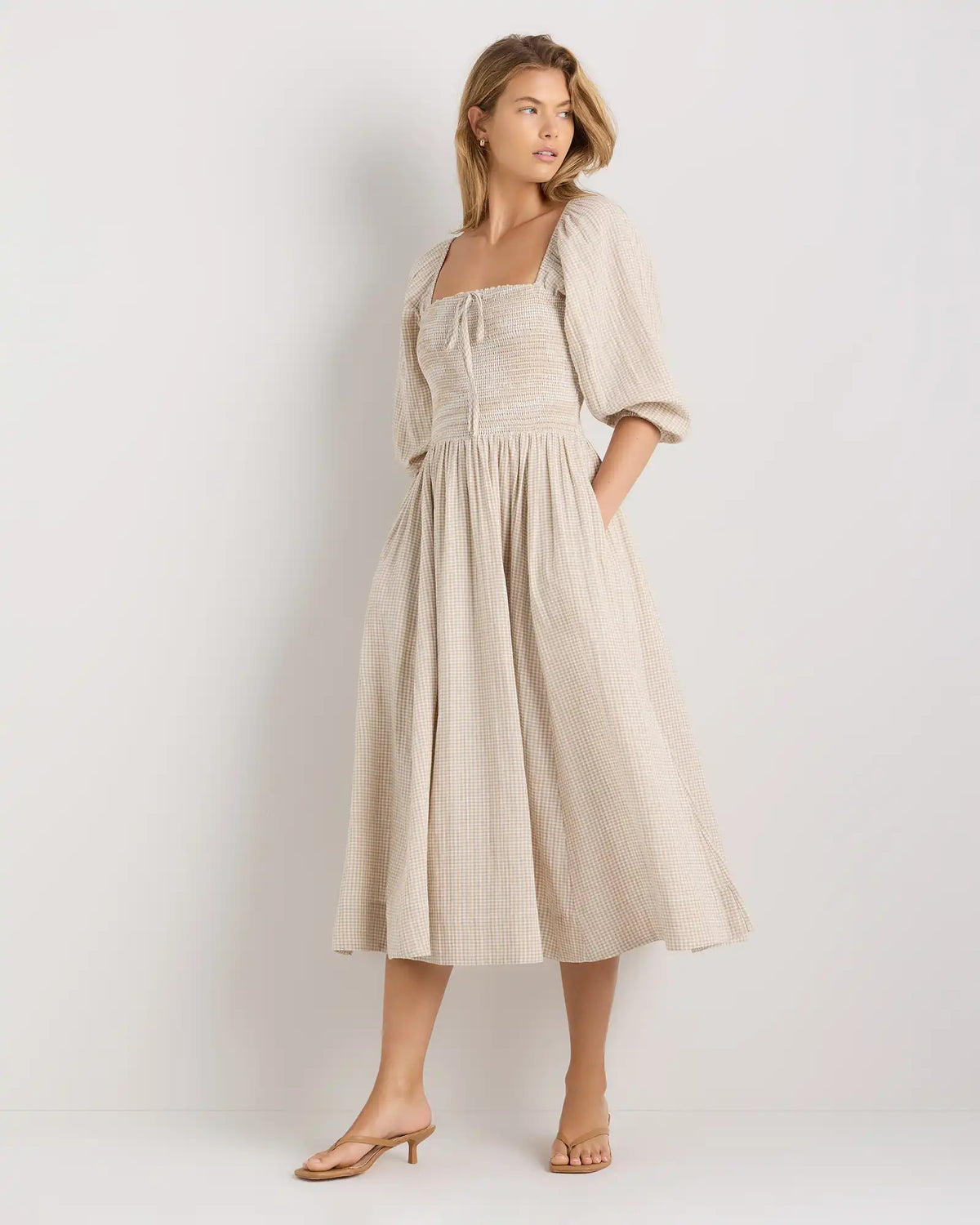 100% Organic Cotton Gauze Smocked Square Neck Midi Dress