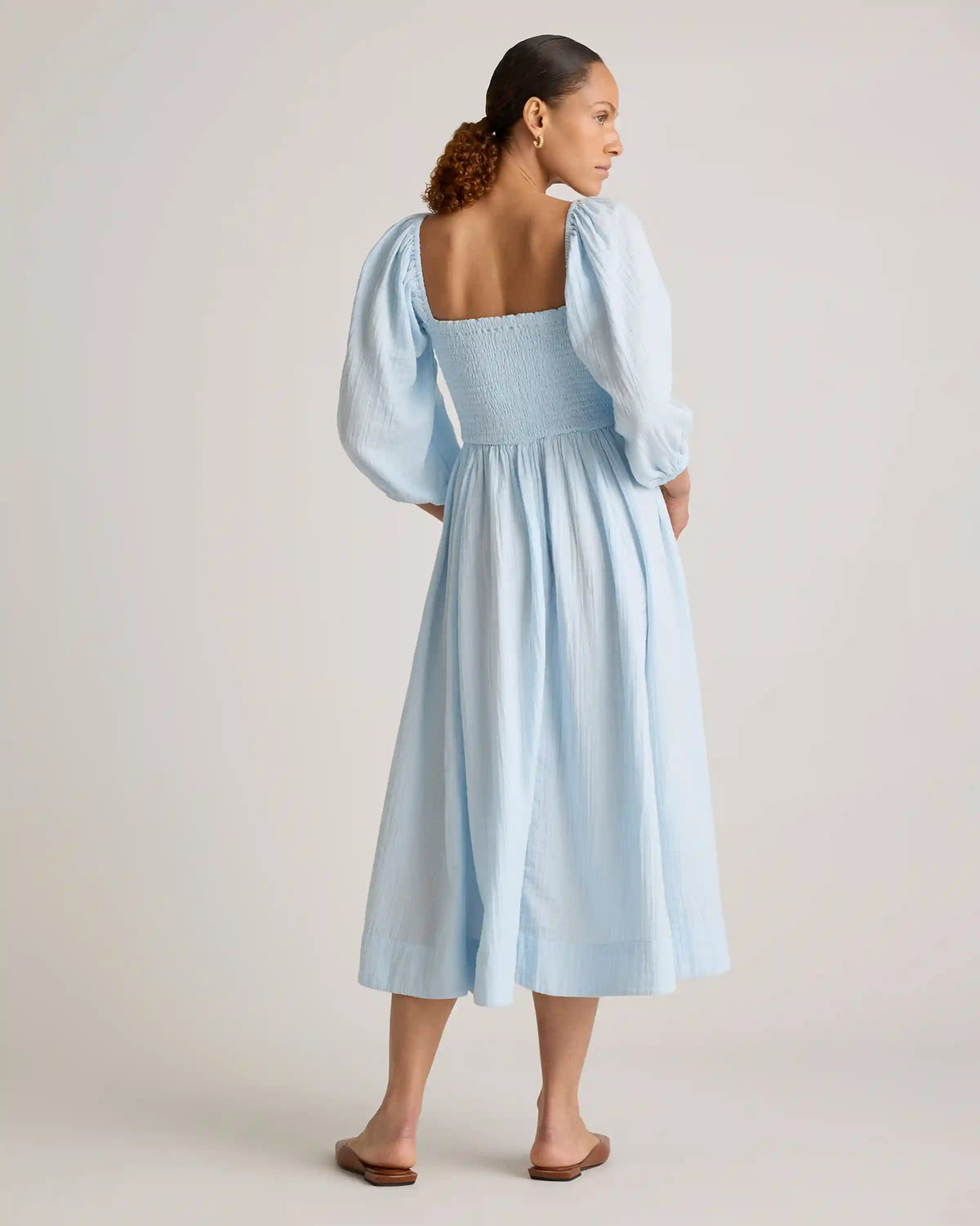 100% Organic Cotton Gauze Smocked Square Neck Midi Dress