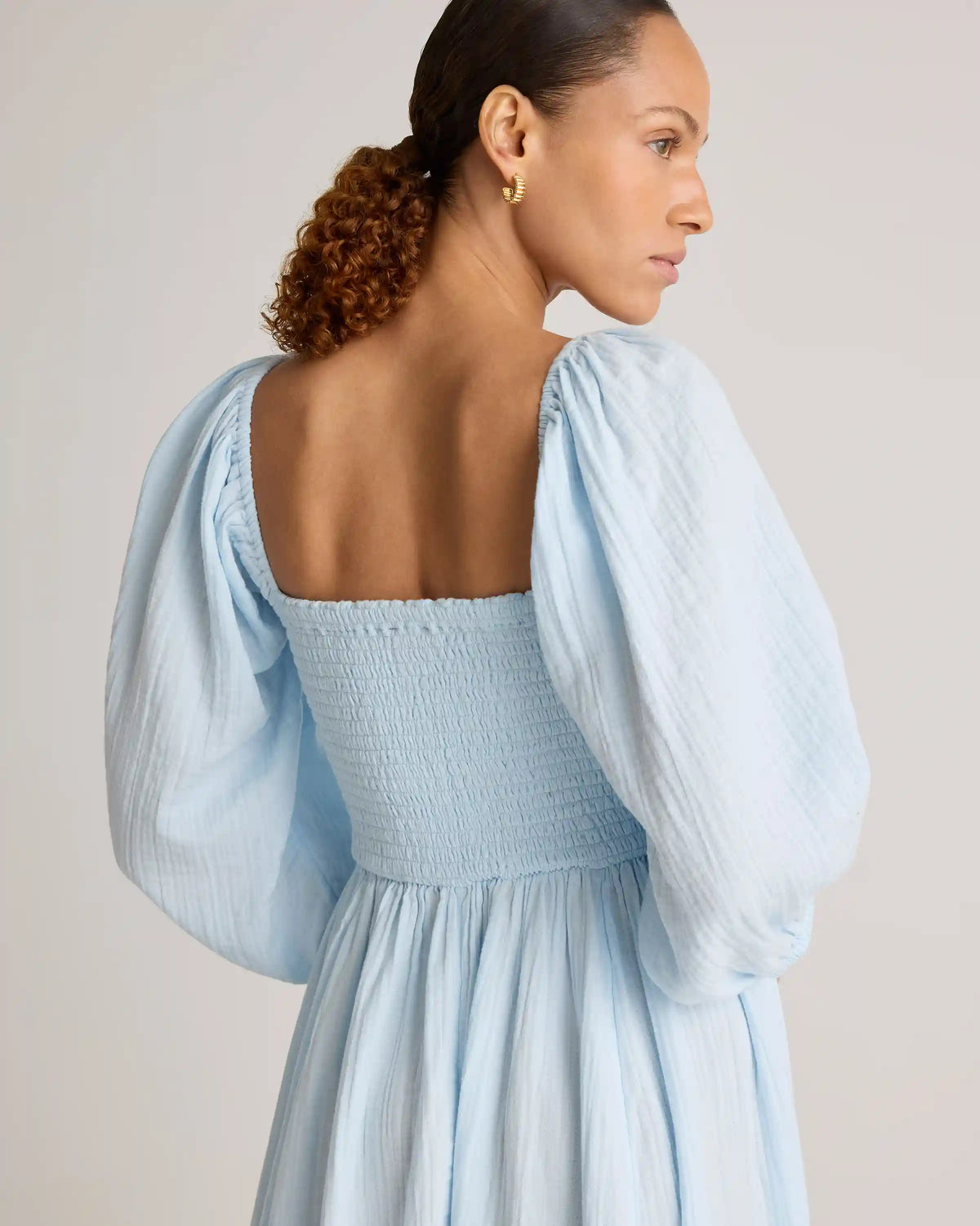 100% Organic Cotton Gauze Smocked Square Neck Midi Dress