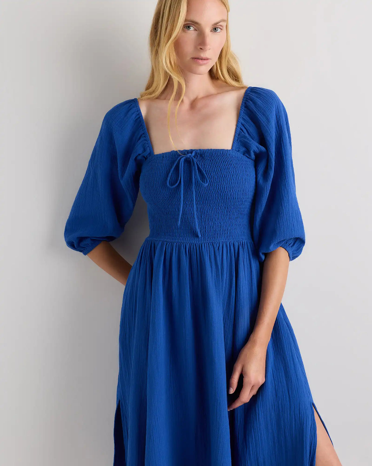 100% Organic Cotton Gauze Smocked Square Neck Midi Dress