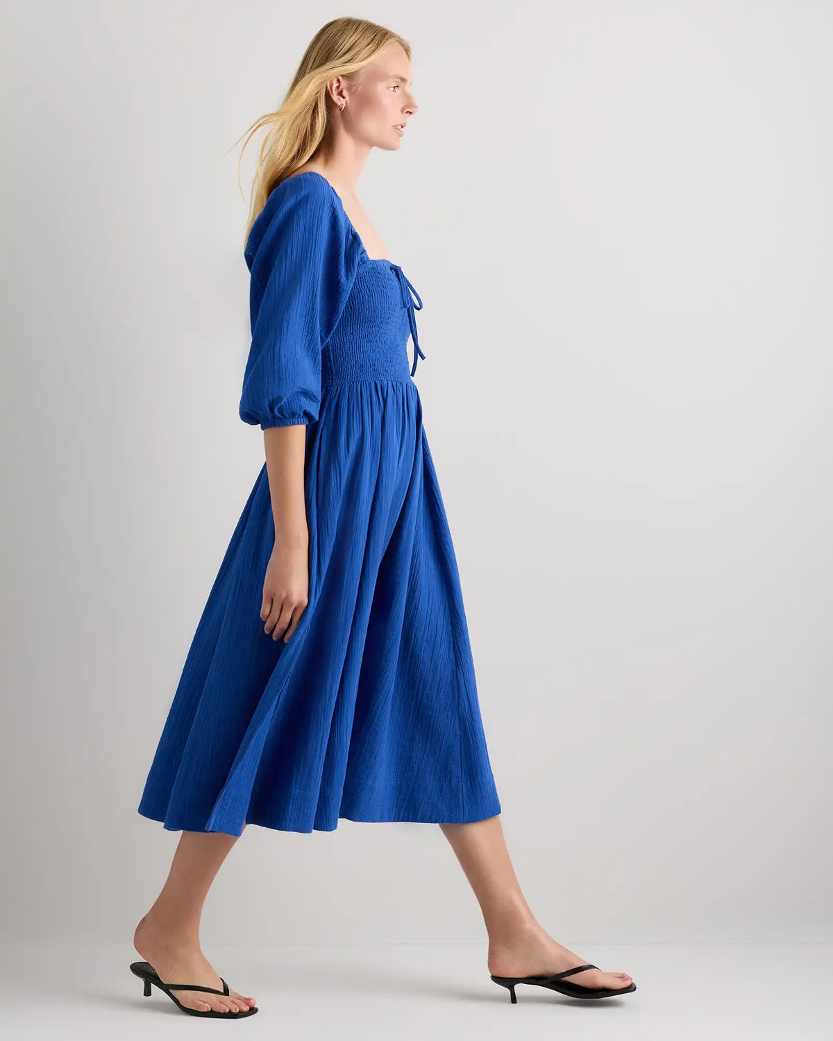 100% Organic Cotton Gauze Smocked Square Neck Midi Dress