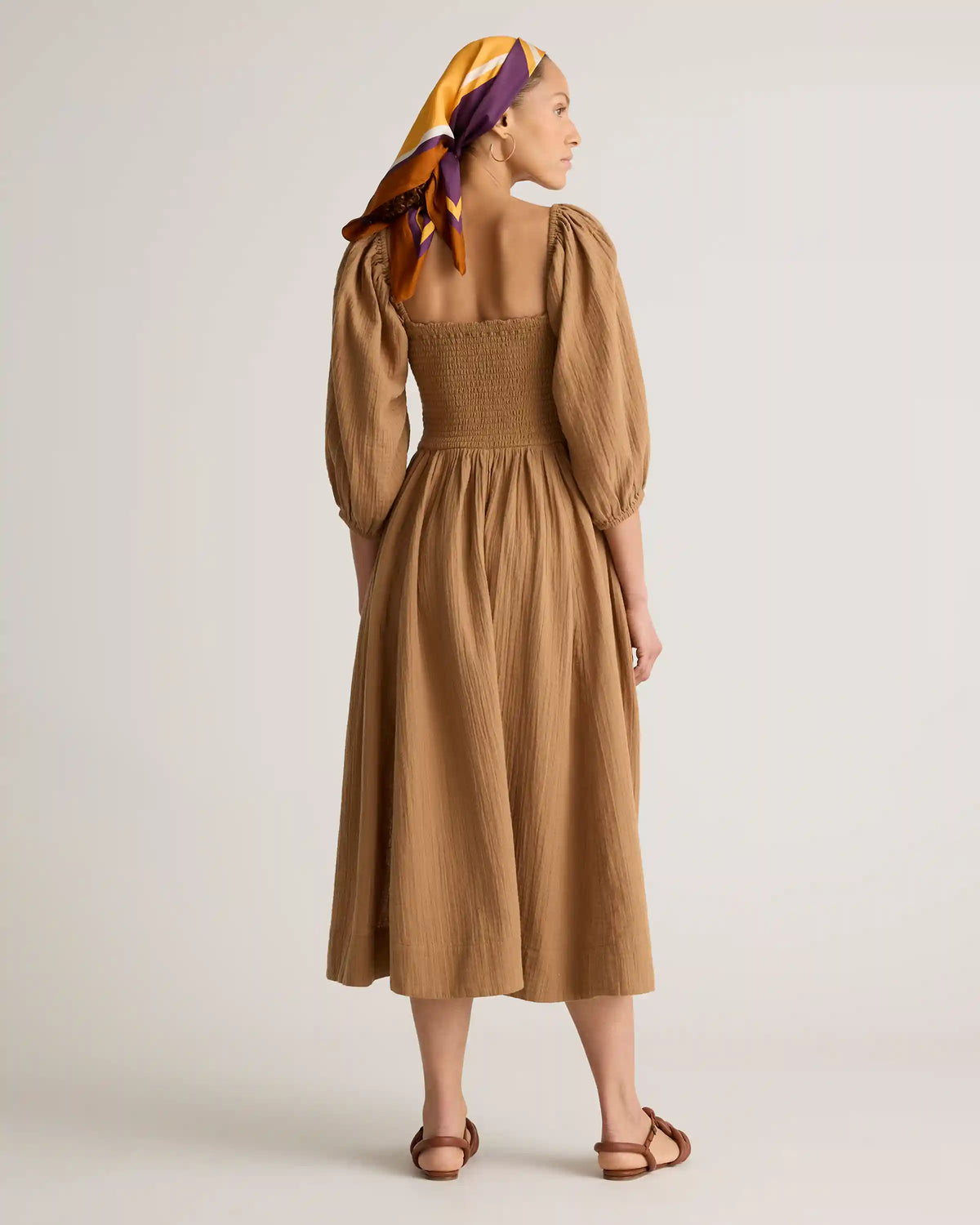 100% Organic Cotton Gauze Smocked Square Neck Midi Dress