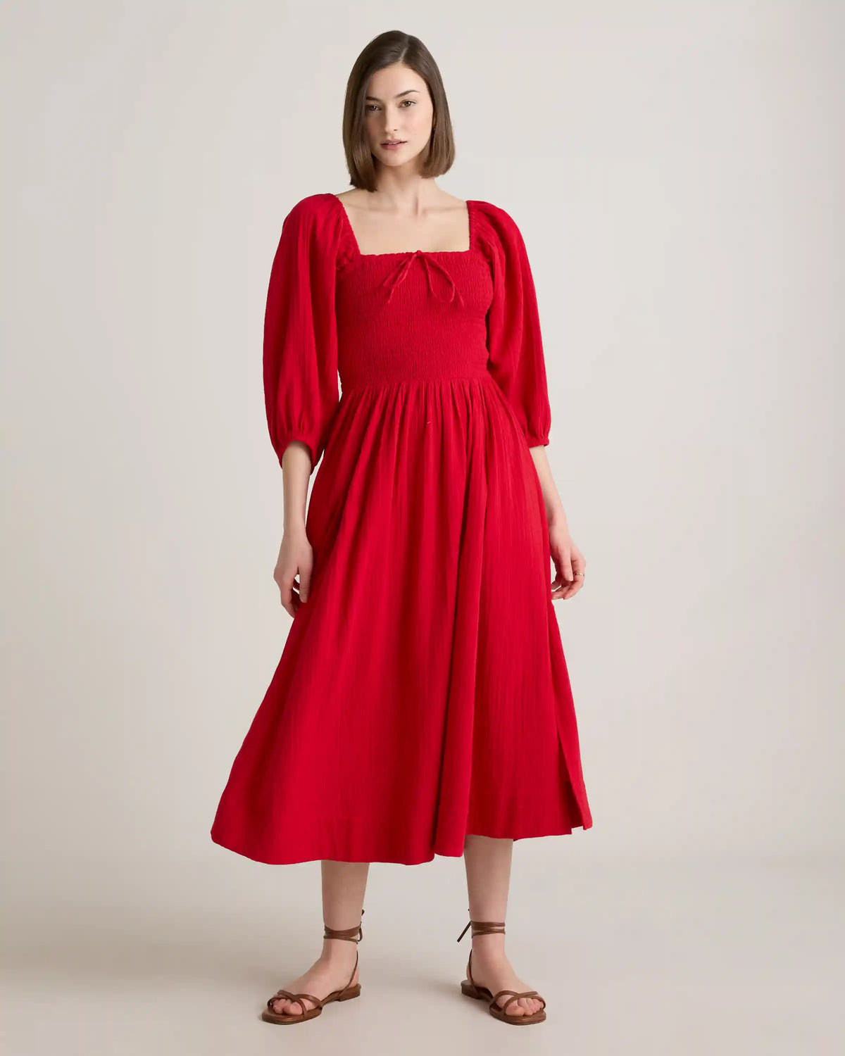 100% Organic Cotton Gauze Smocked Square Neck Midi Dress