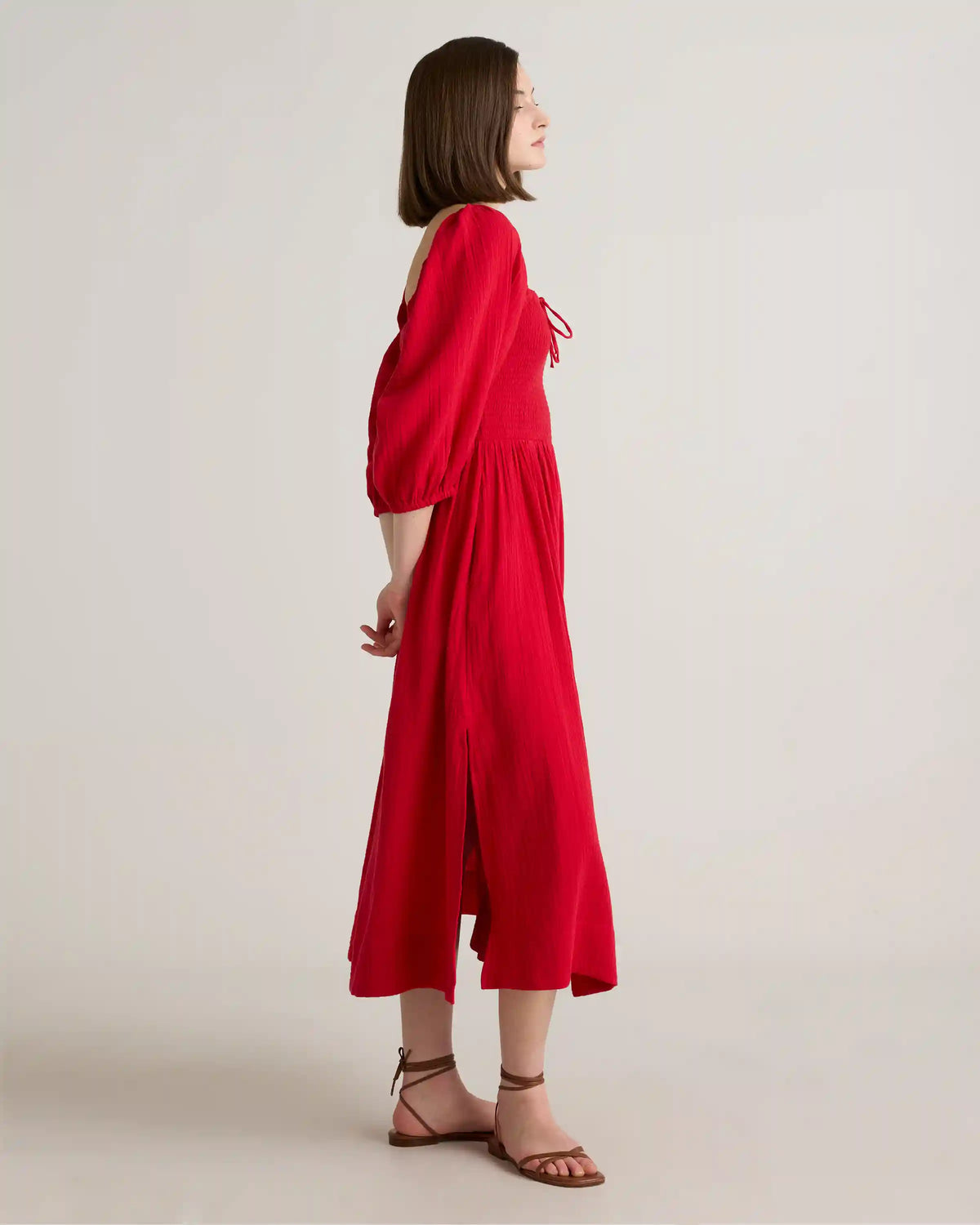 100% Organic Cotton Gauze Smocked Square Neck Midi Dress
