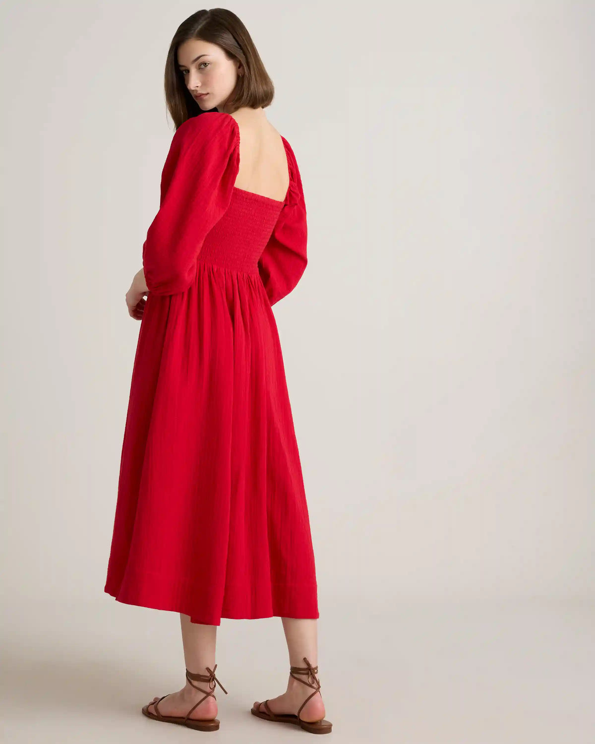 100% Organic Cotton Gauze Smocked Square Neck Midi Dress