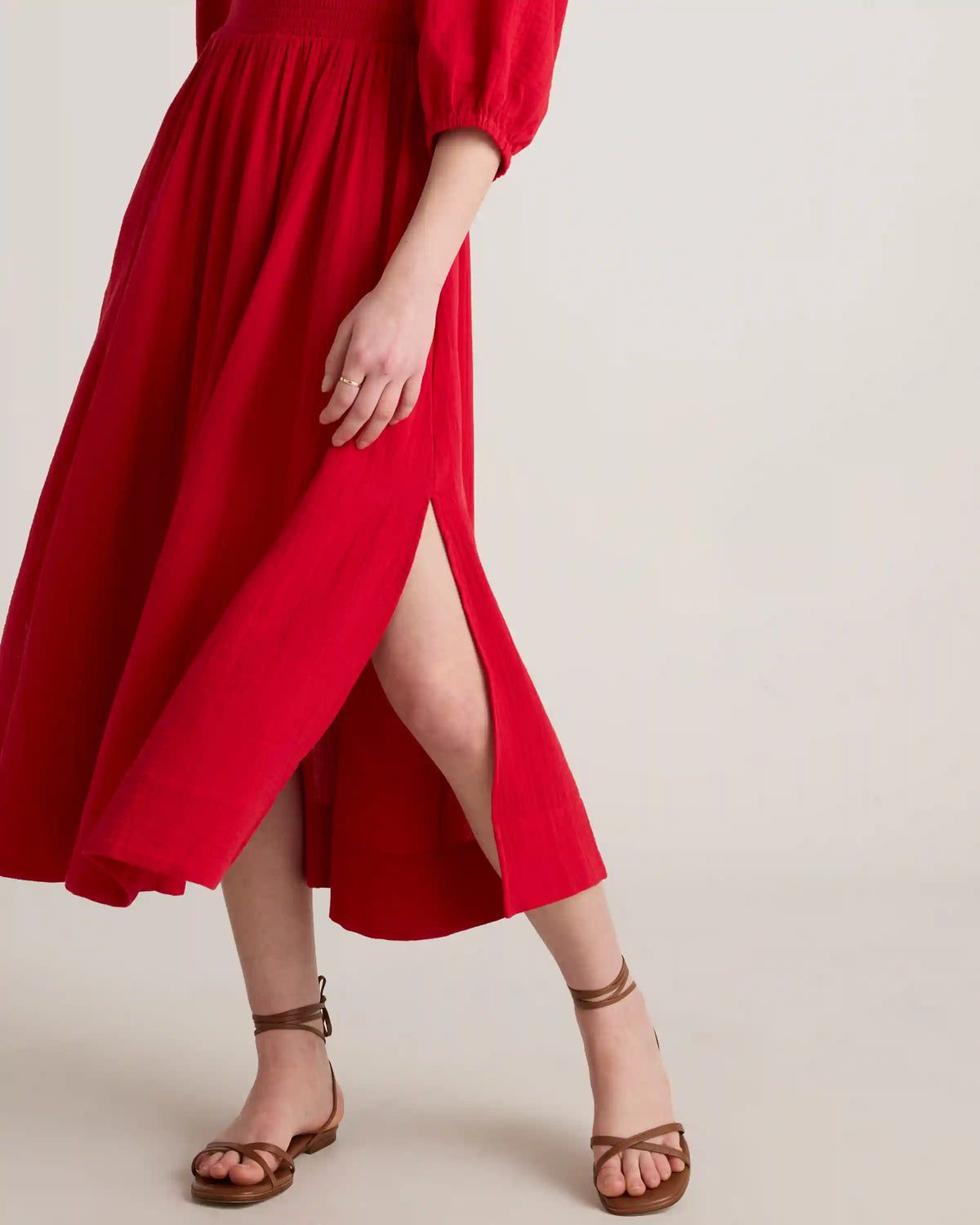100% Organic Cotton Gauze Smocked Square Neck Midi Dress