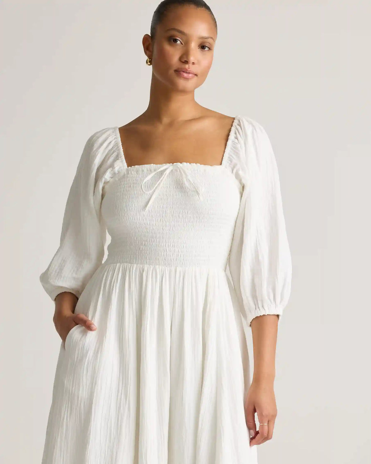 100% Organic Cotton Gauze Smocked Square Neck Midi Dress
