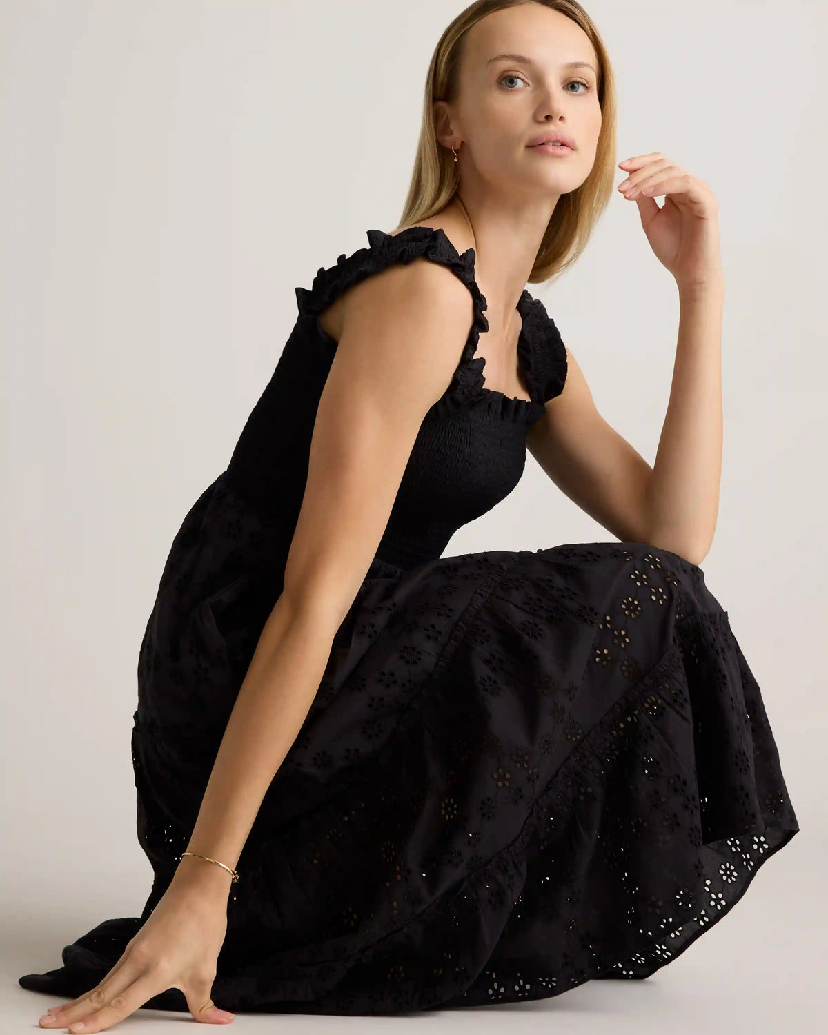 100% Organic Cotton Eyelet Smocked Midi Dress