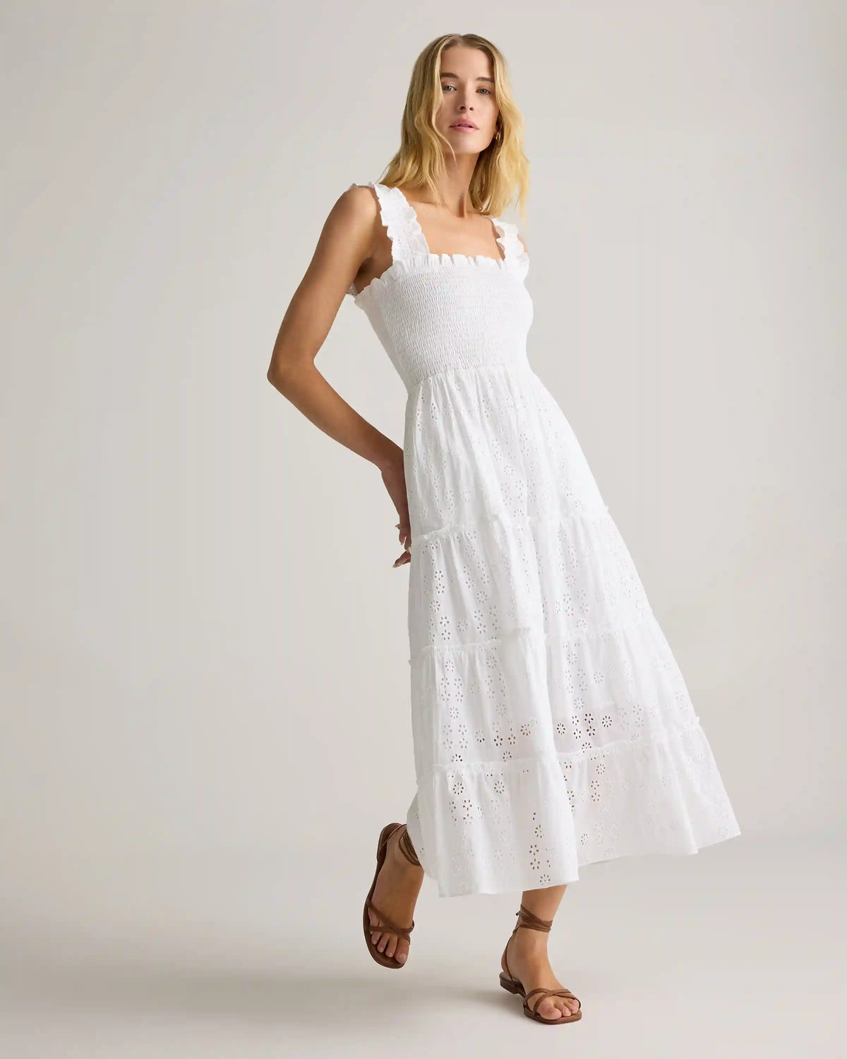 100% Organic Cotton Eyelet Smocked Midi Dress