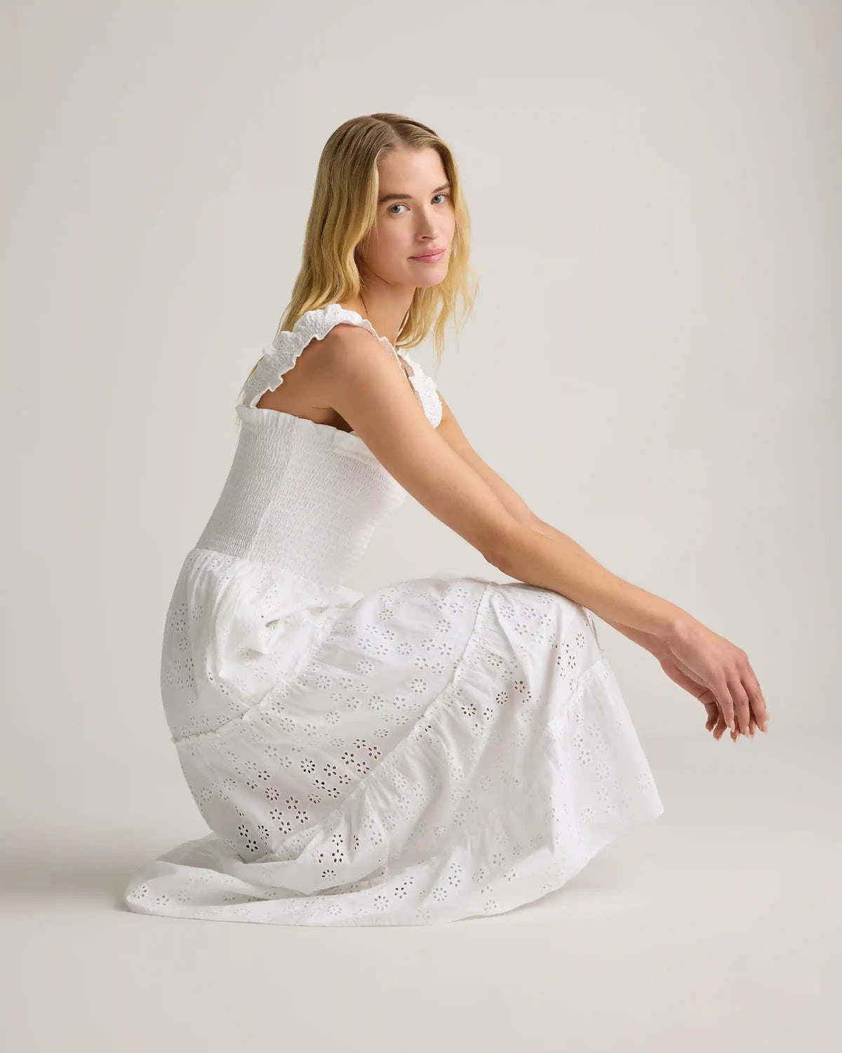 100% Organic Cotton Eyelet Smocked Midi Dress