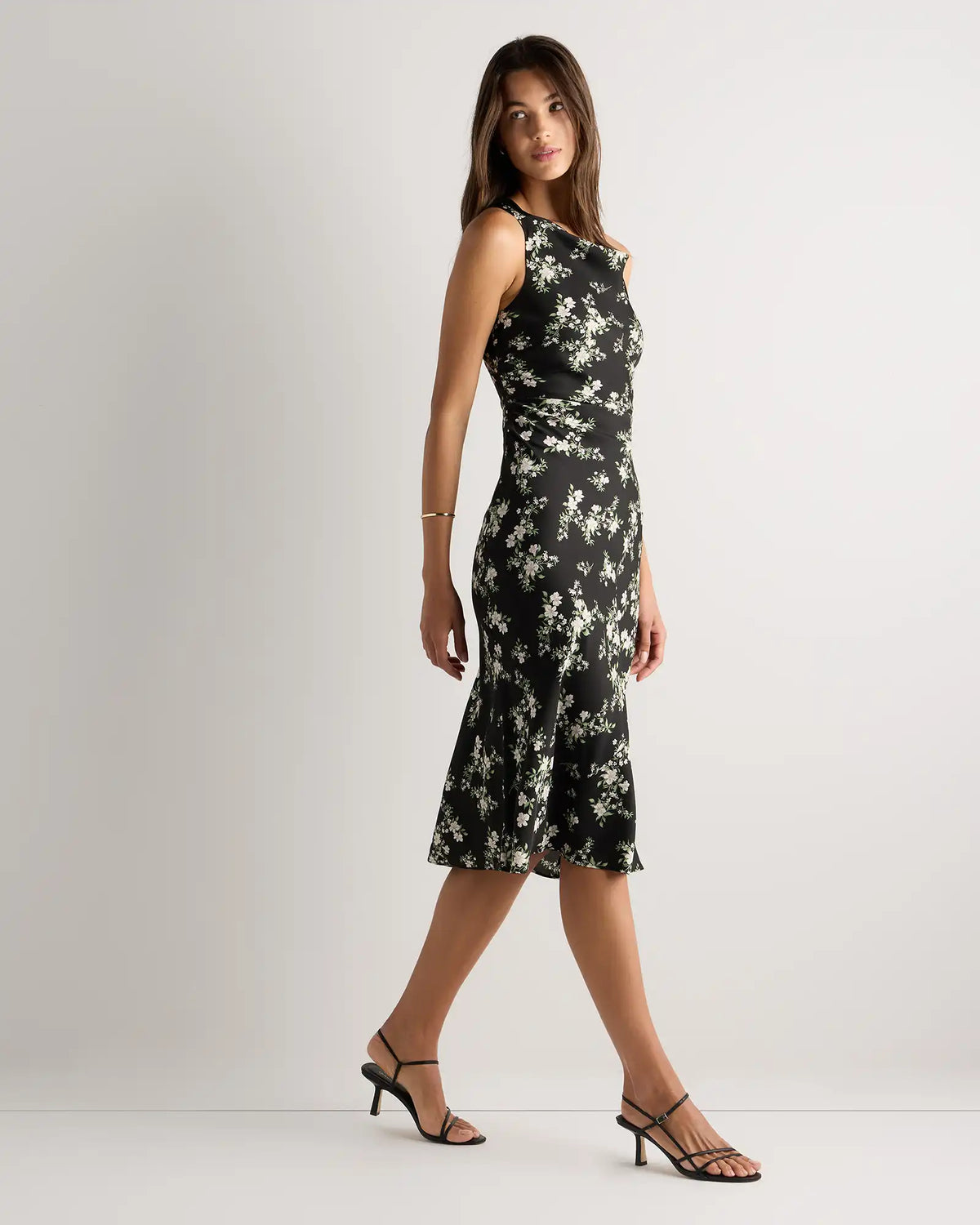 Washable Stretch Silk High Neck Midi Dress