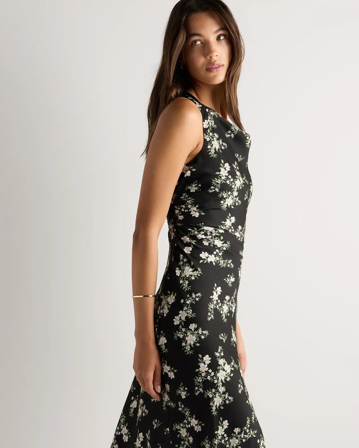 Washable Stretch Silk High Neck Midi Dress