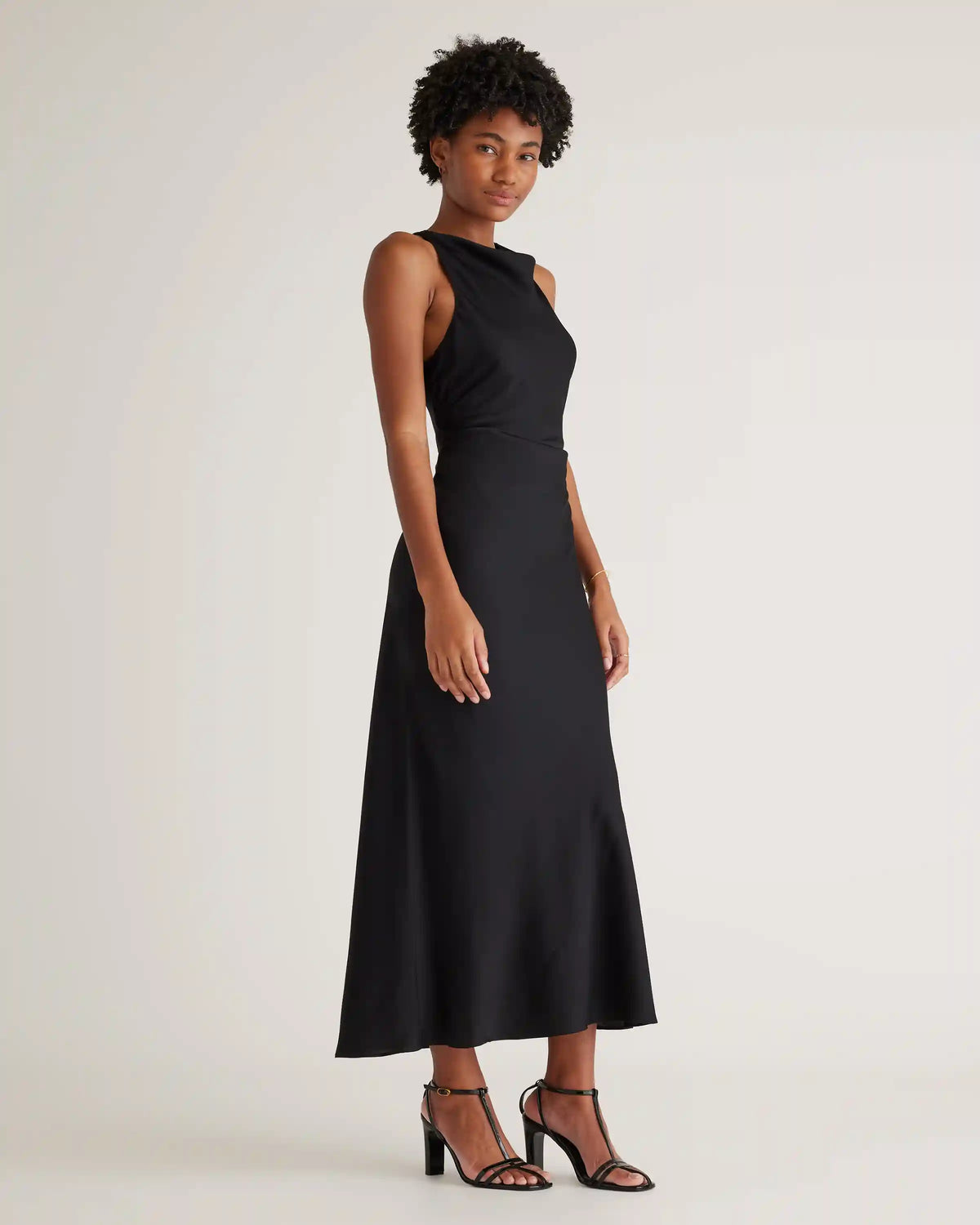 Washable Stretch Silk High Neck Midi Dress