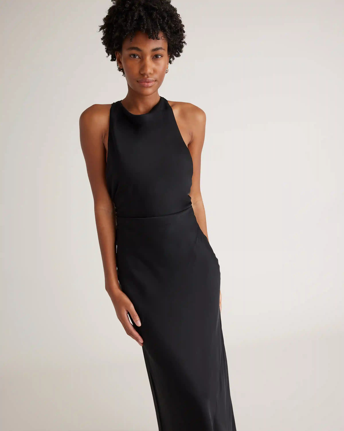 Washable Stretch Silk High Neck Midi Dress