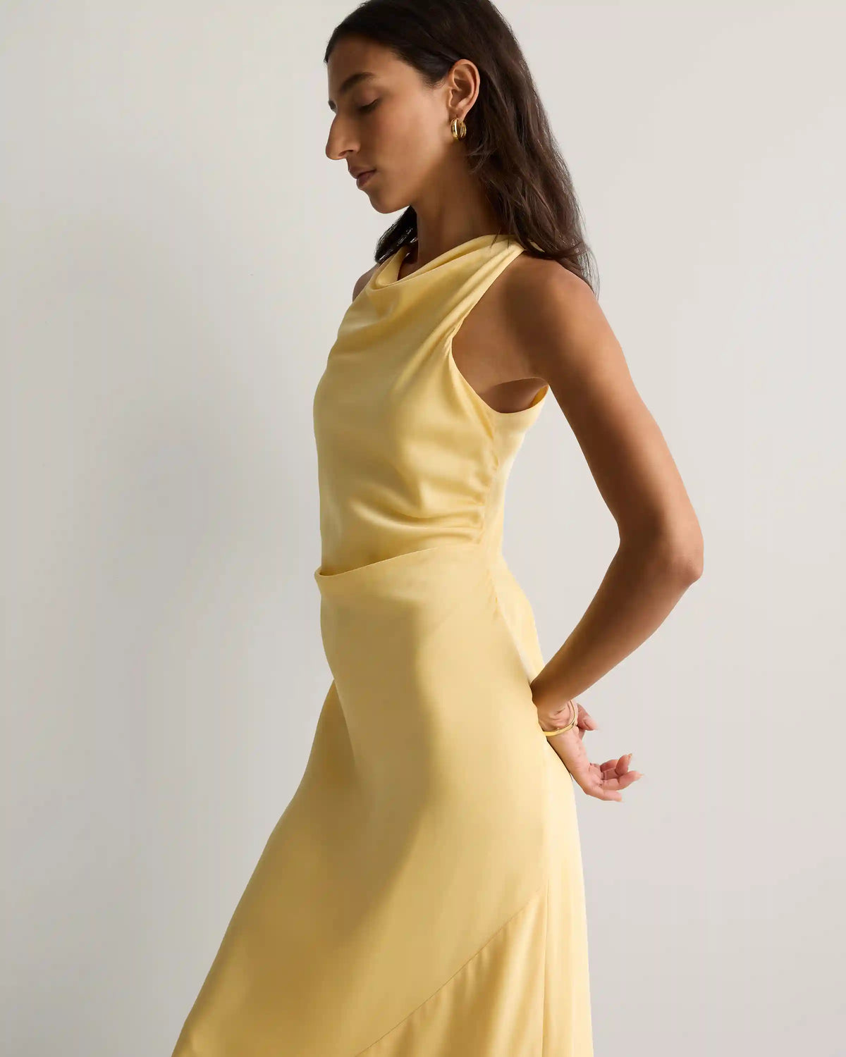 Washable Stretch Silk High Neck Midi Dress