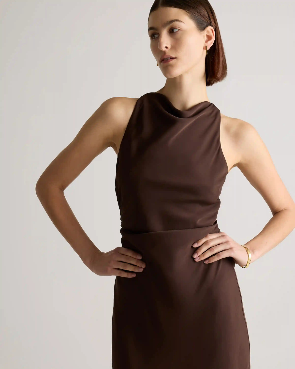 Washable Stretch Silk High Neck Midi Dress