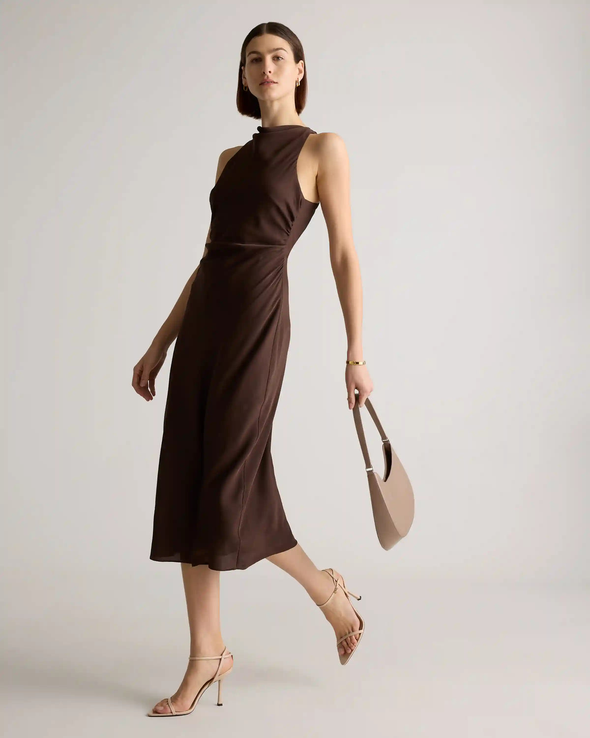 Washable Stretch Silk High Neck Midi Dress