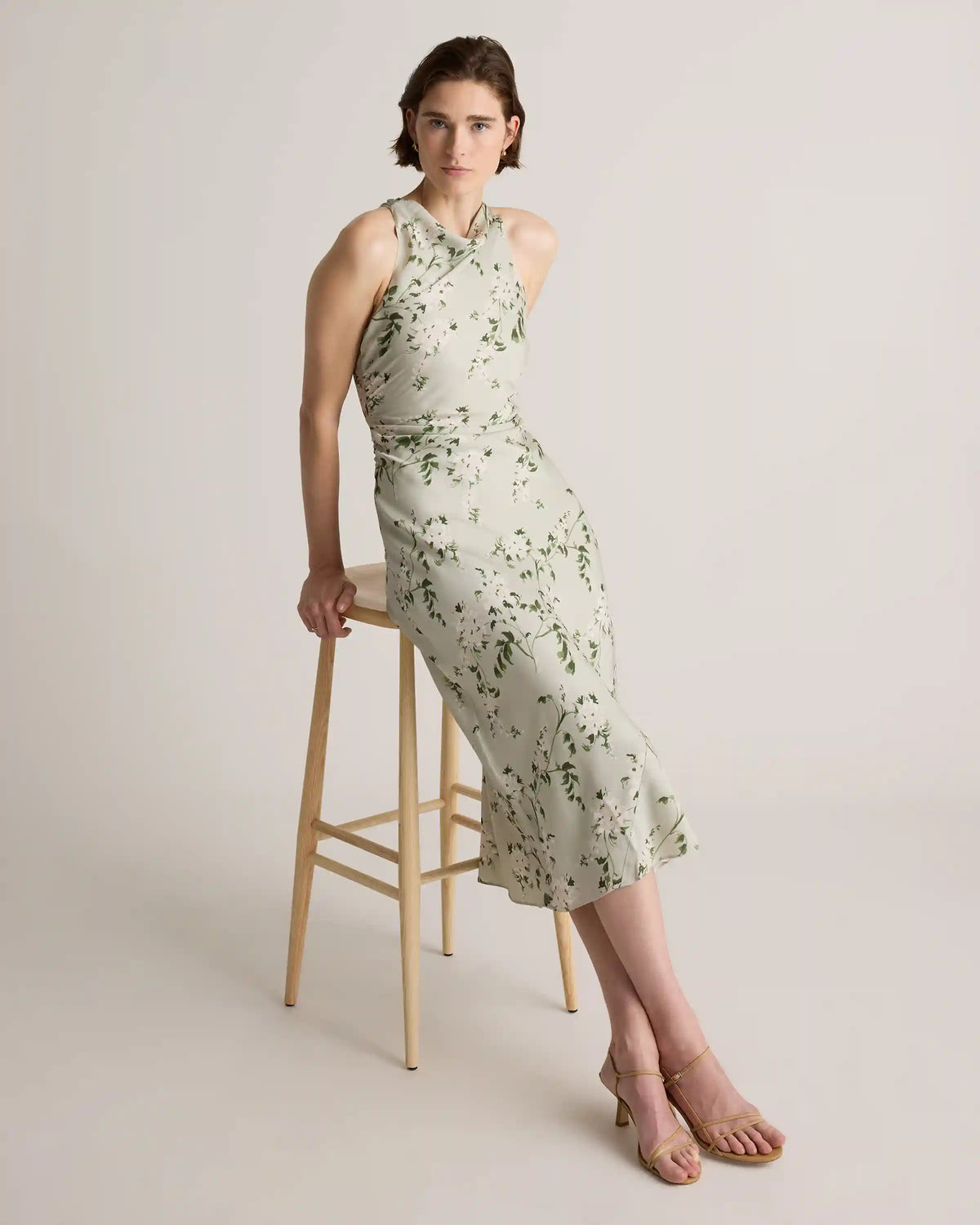 Washable Stretch Silk High Neck Midi Dress