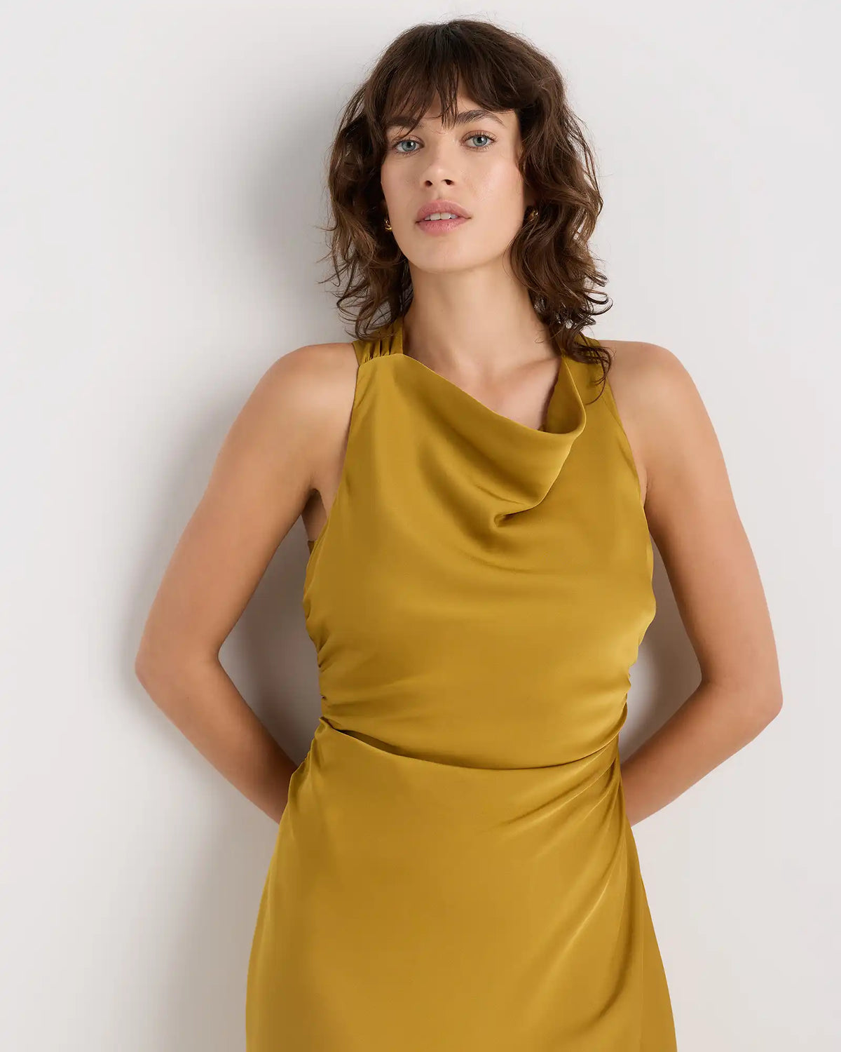 Washable Stretch Silk High Neck Midi Dress