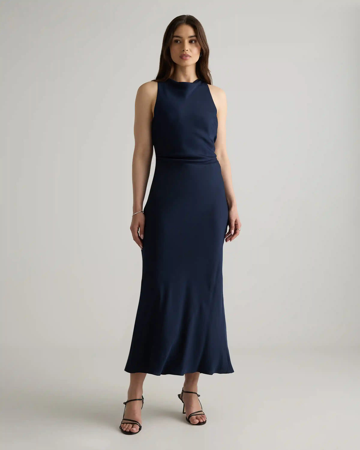 Washable Stretch Silk High Neck Midi Dress