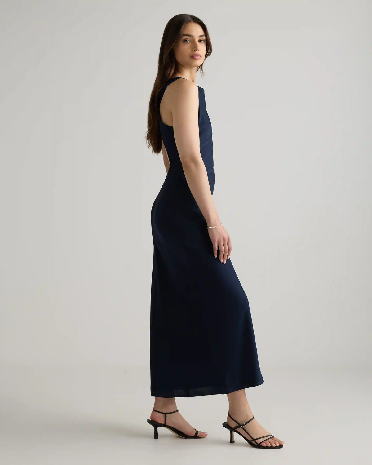 Washable Stretch Silk High Neck Midi Dress