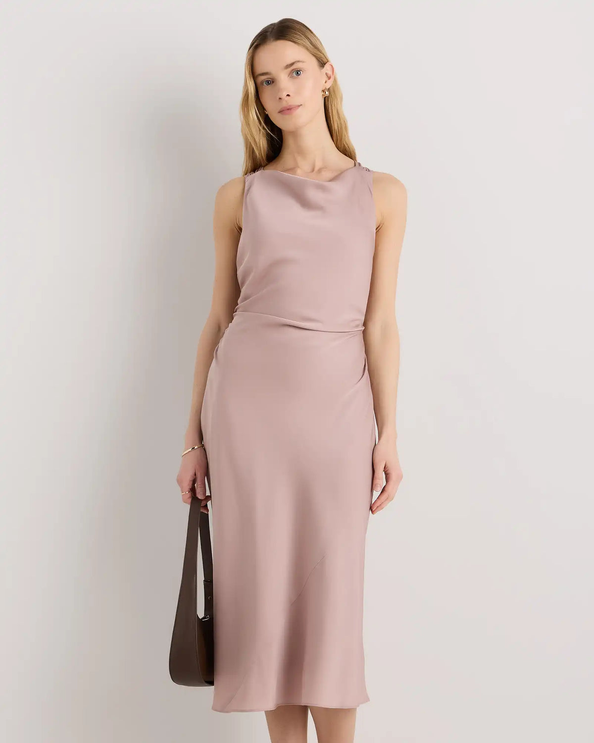Washable Stretch Silk High Neck Midi Dress