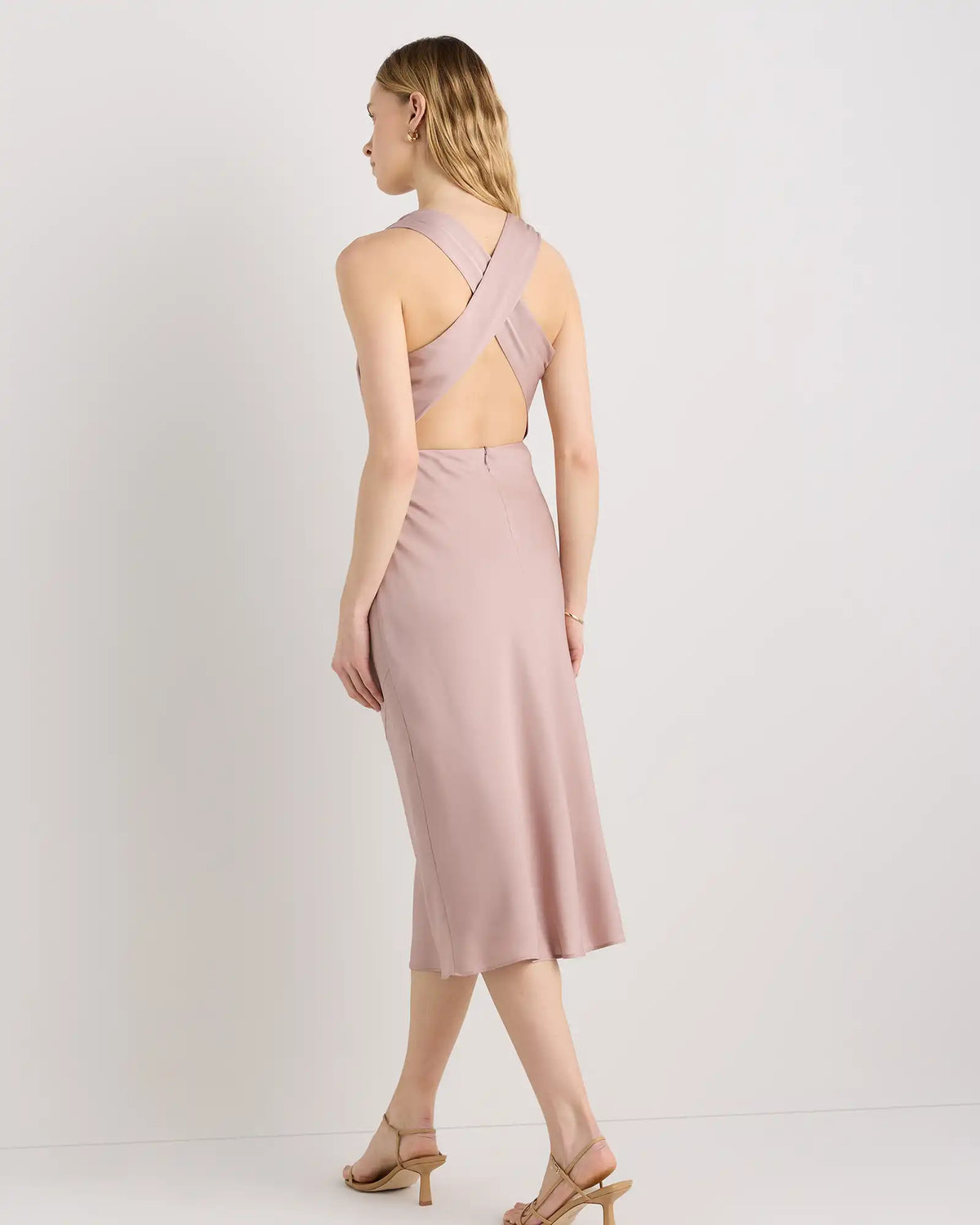 Washable Stretch Silk High Neck Midi Dress