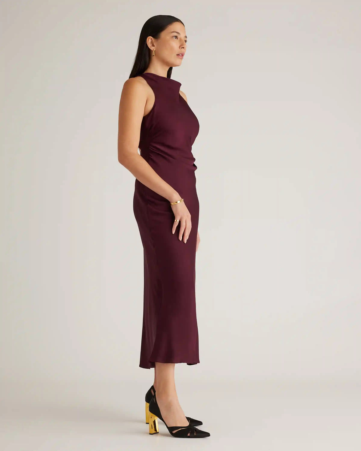 Washable Stretch Silk High Neck Midi Dress