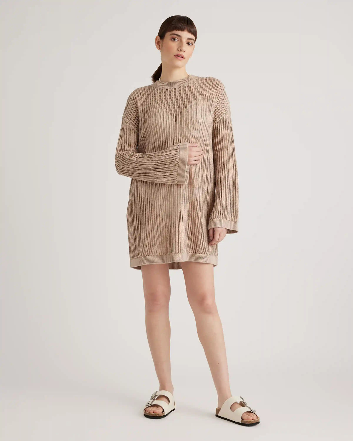 100% Organic Cotton Open-Knit Long Sleeve Cover-Up Mini Dress