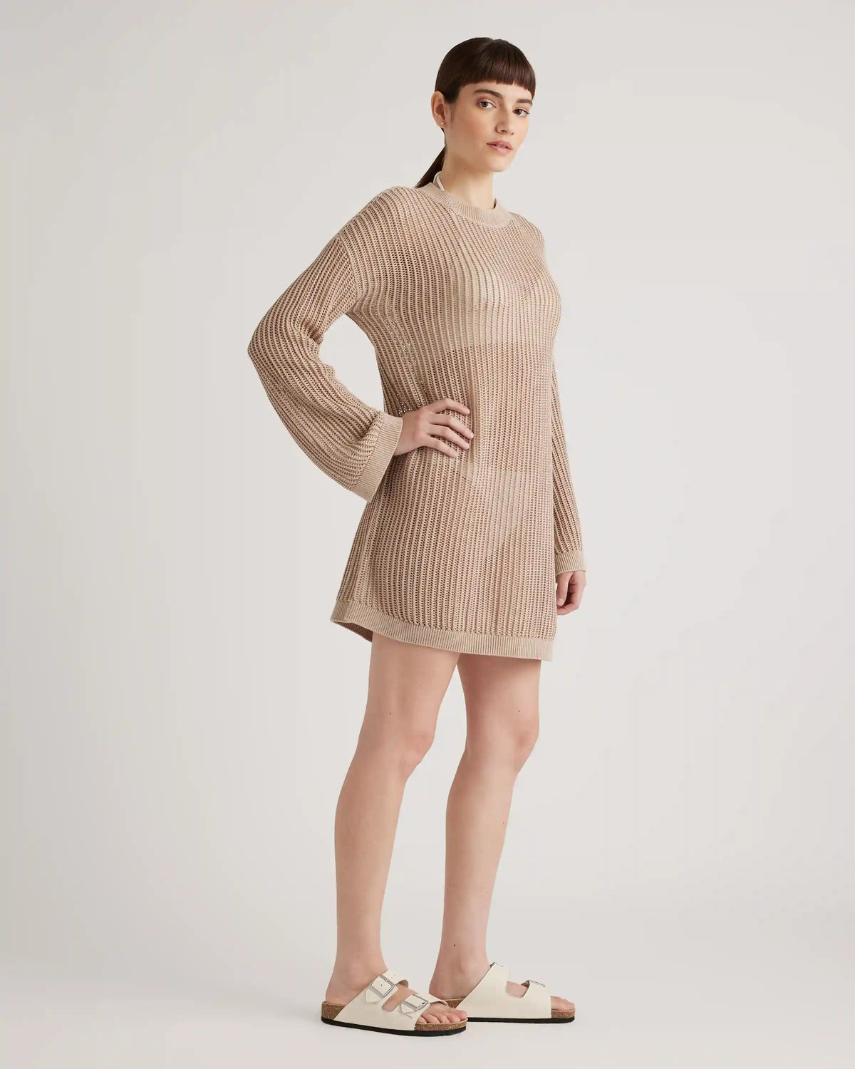 100% Organic Cotton Open-Knit Long Sleeve Cover-Up Mini Dress