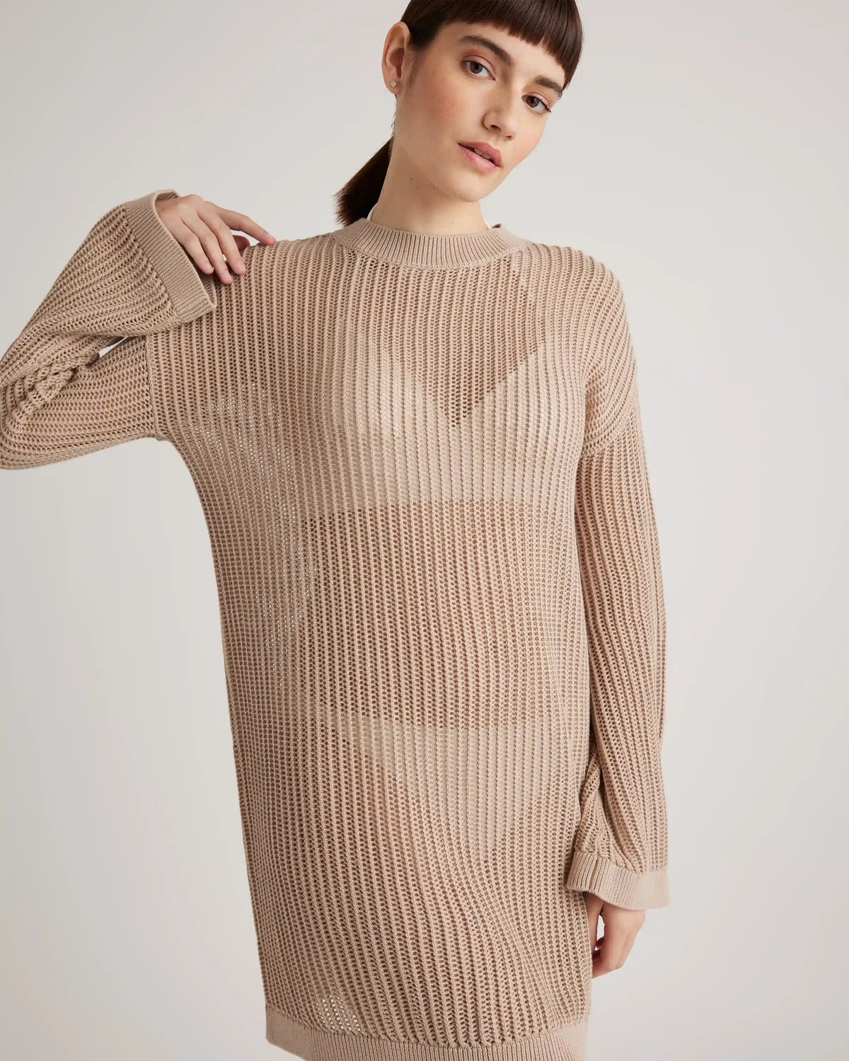 100% Organic Cotton Open-Knit Long Sleeve Cover-Up Mini Dress