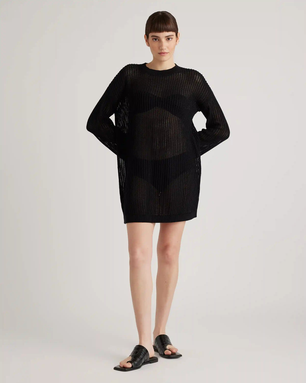 100% Organic Cotton Open-Knit Long Sleeve Cover-Up Mini Dress