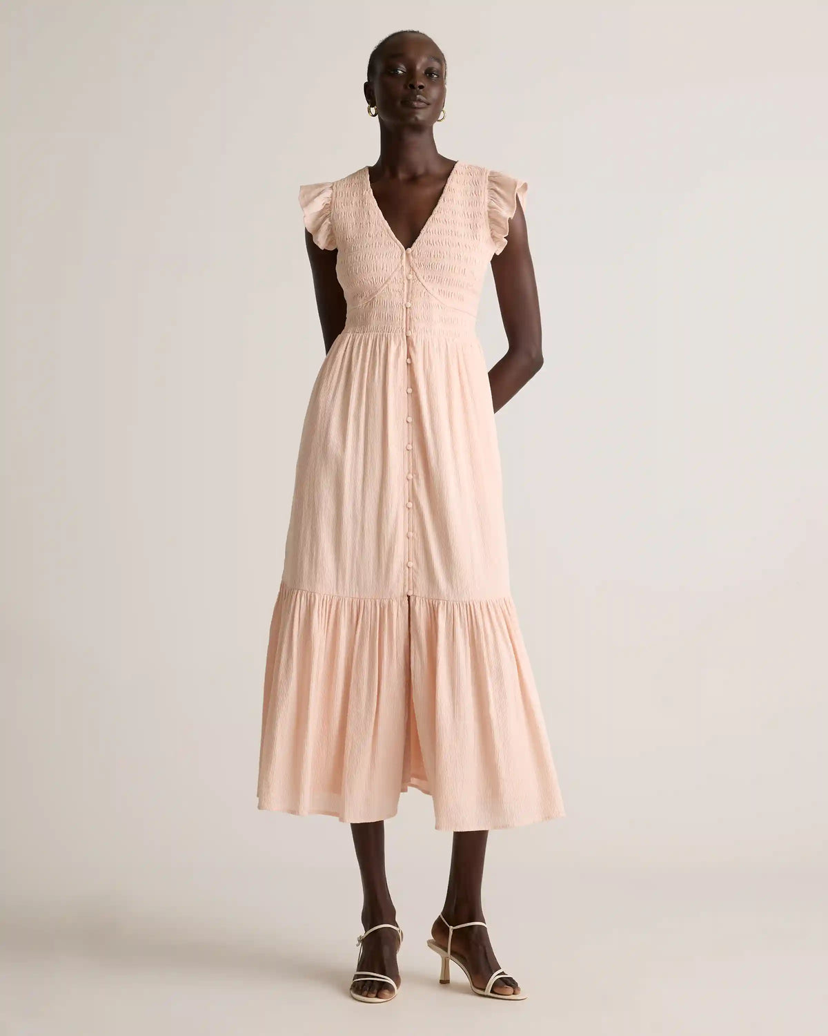 Organic Textured Cotton Smocked V-Neck Midi Dress
