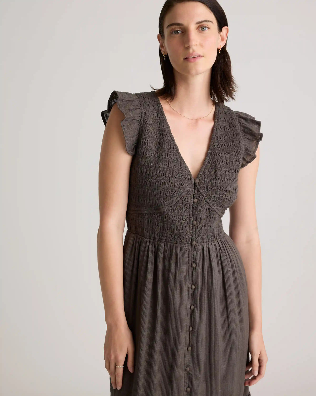 Organic Textured Cotton Smocked V-Neck Midi Dress