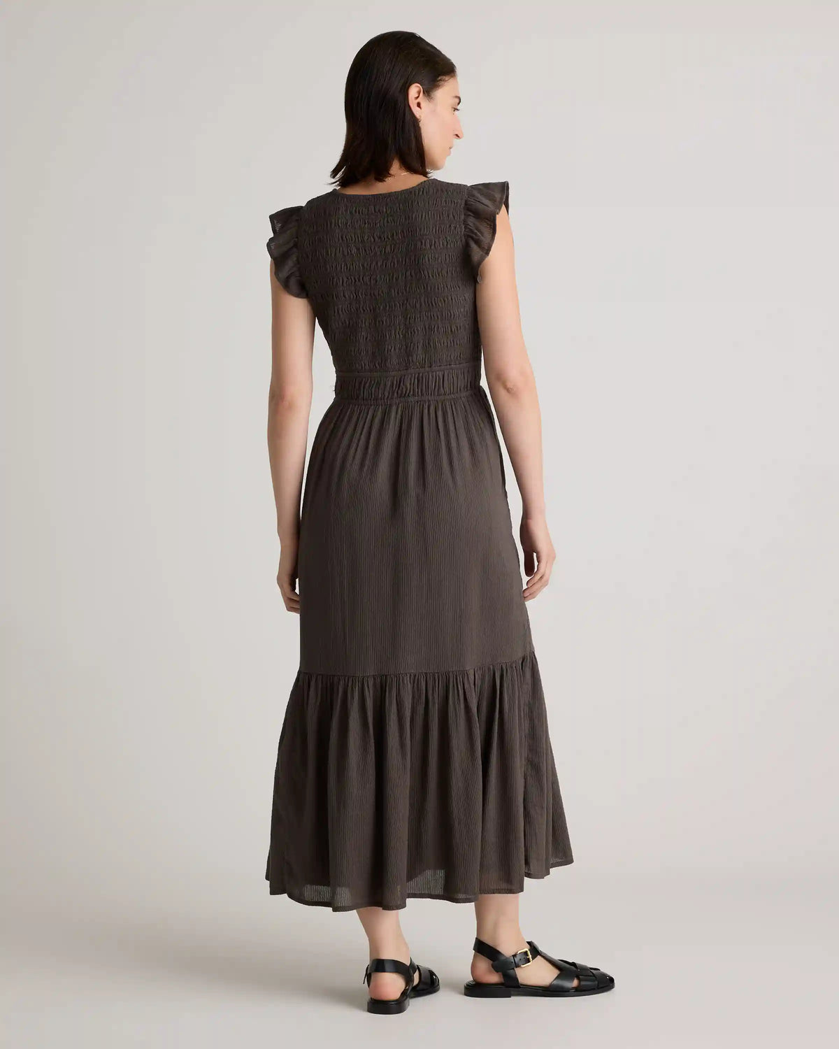 Organic Textured Cotton Smocked V-Neck Midi Dress