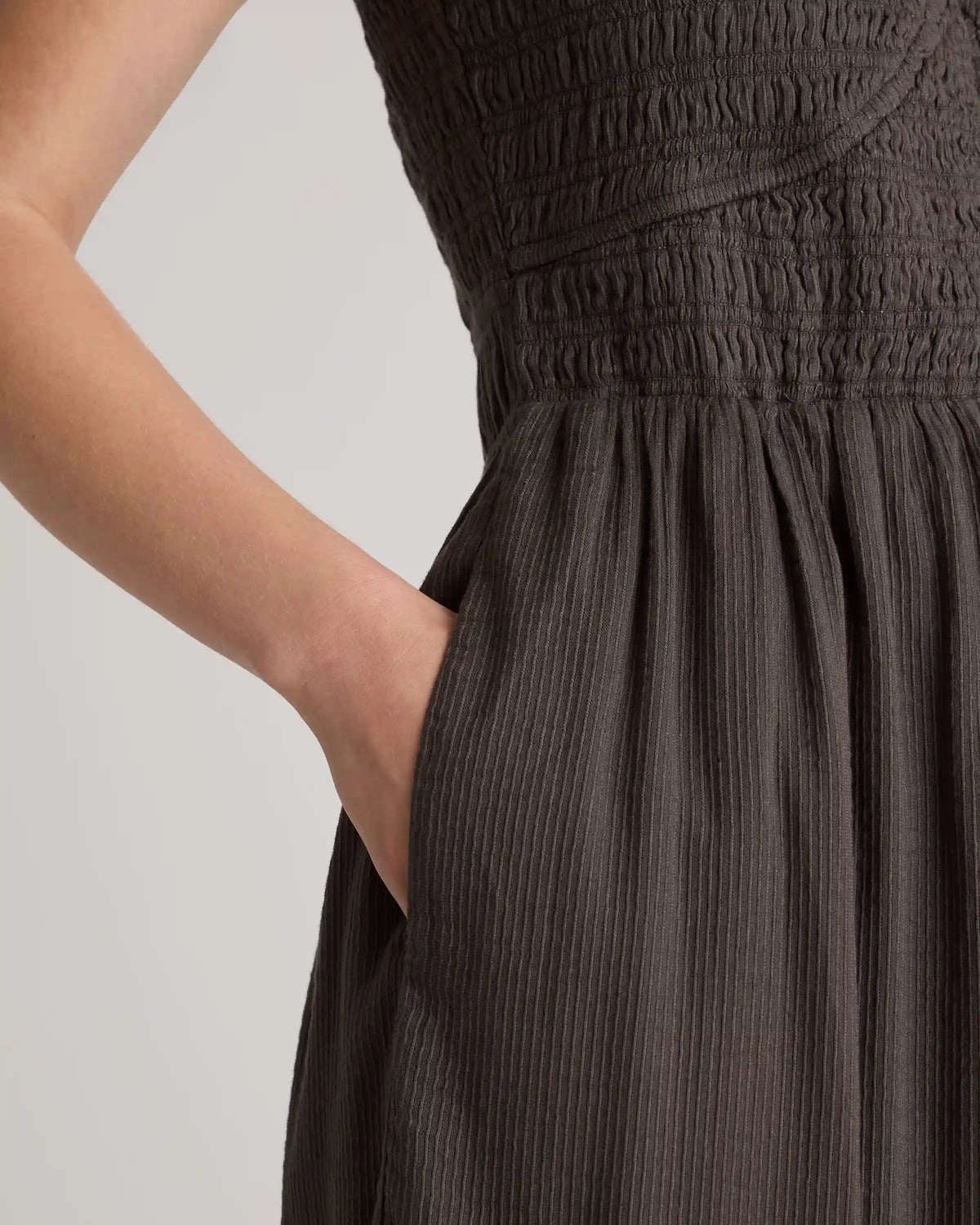 Organic Textured Cotton Smocked V-Neck Midi Dress