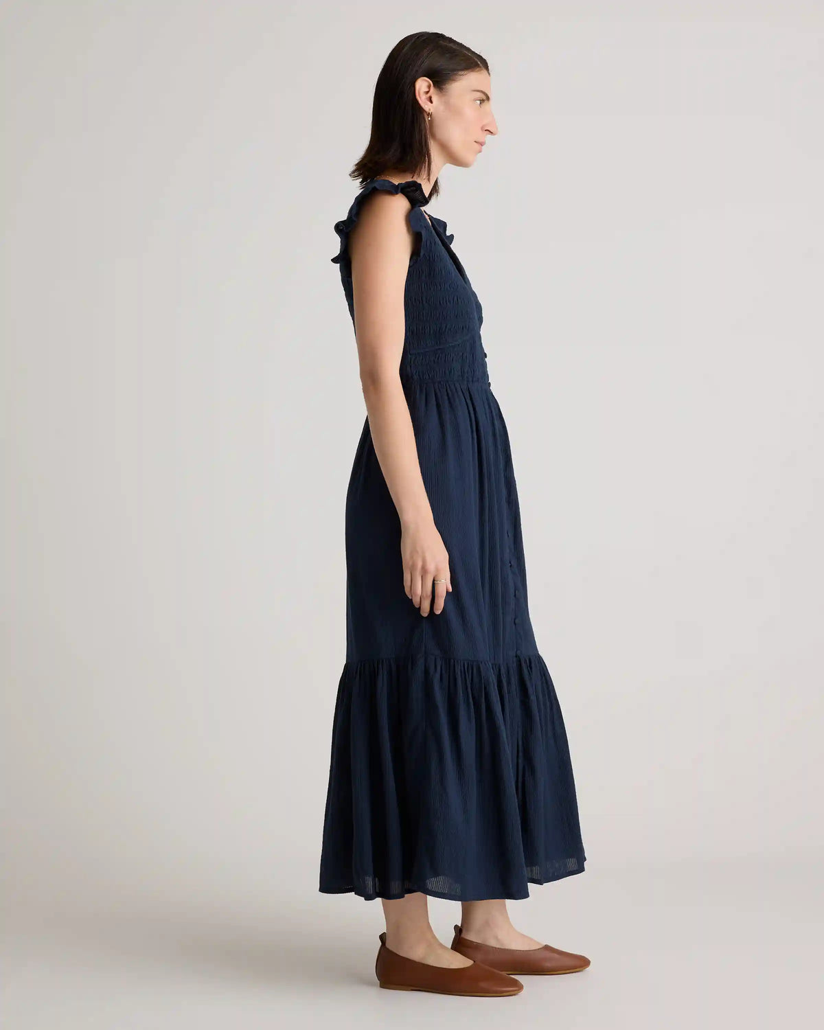 Organic Textured Cotton Smocked V-Neck Midi Dress