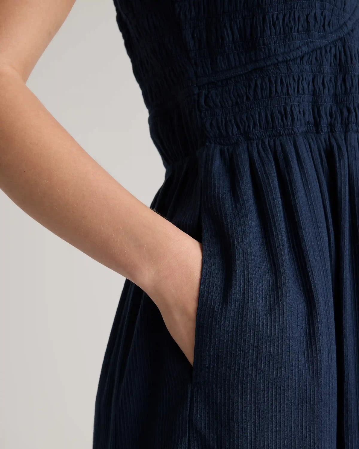 Organic Textured Cotton Smocked V-Neck Midi Dress