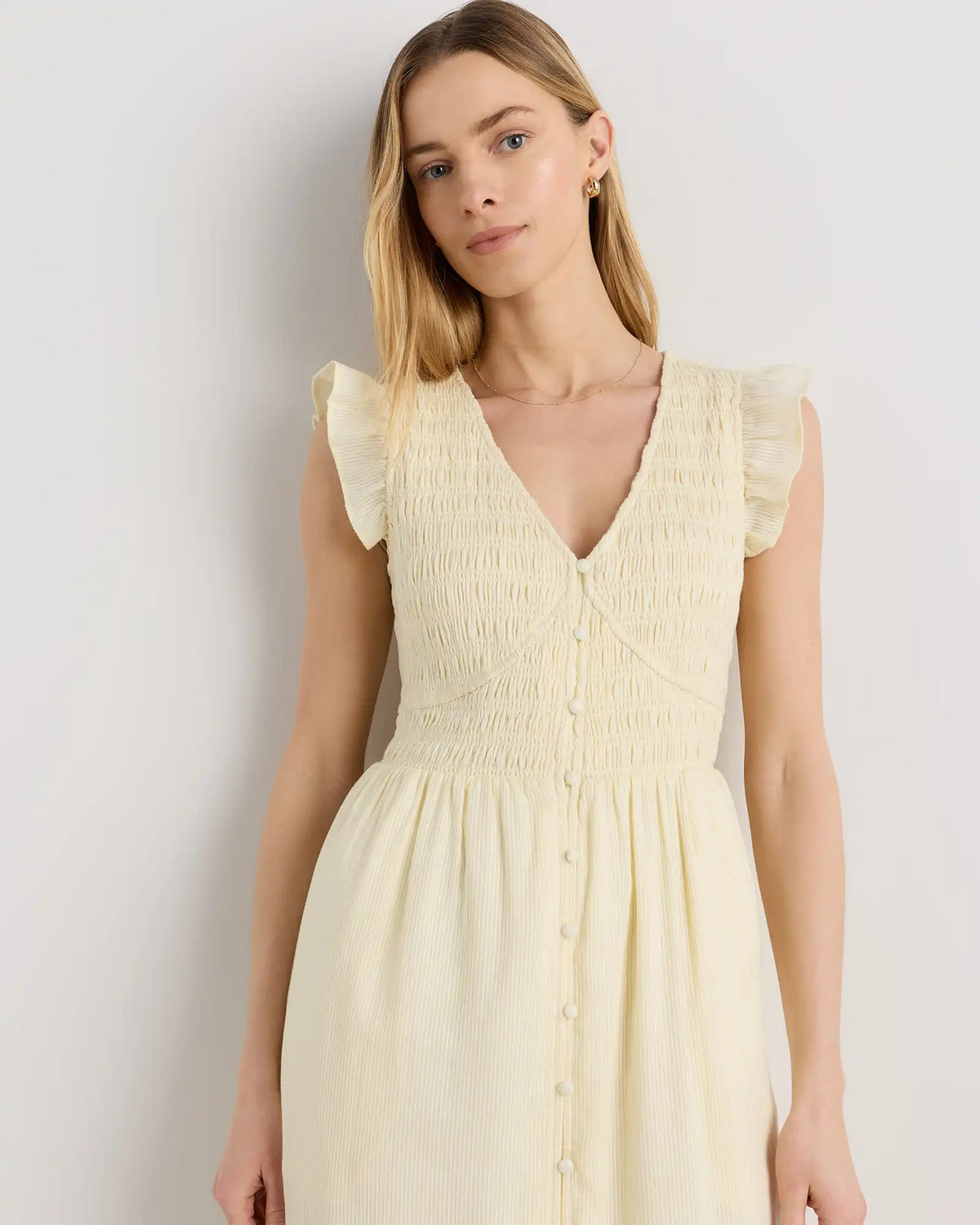 Organic Textured Cotton Smocked V-Neck Midi Dress