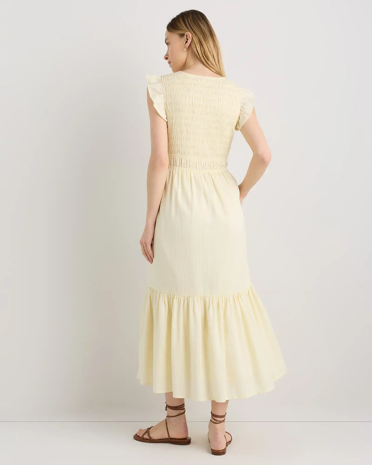Organic Textured Cotton Smocked V-Neck Midi Dress