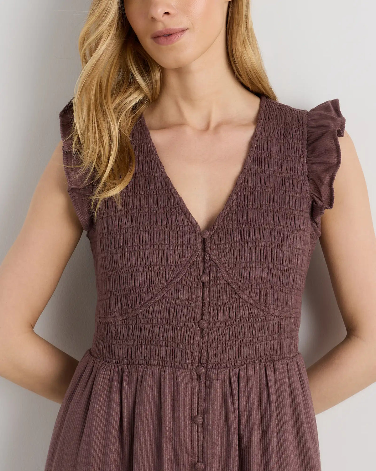 Organic Textured Cotton Smocked V-Neck Midi Dress