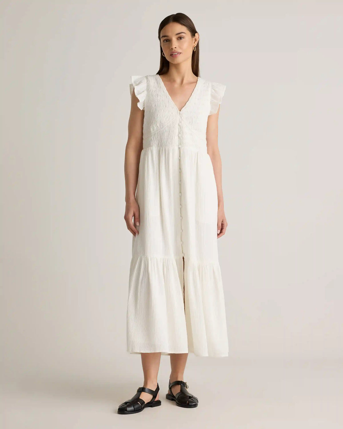 Organic Textured Cotton Smocked V-Neck Midi Dress